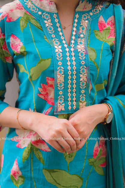 Teal Blue Cotton Salwar Suit - 3-piece salwar suit