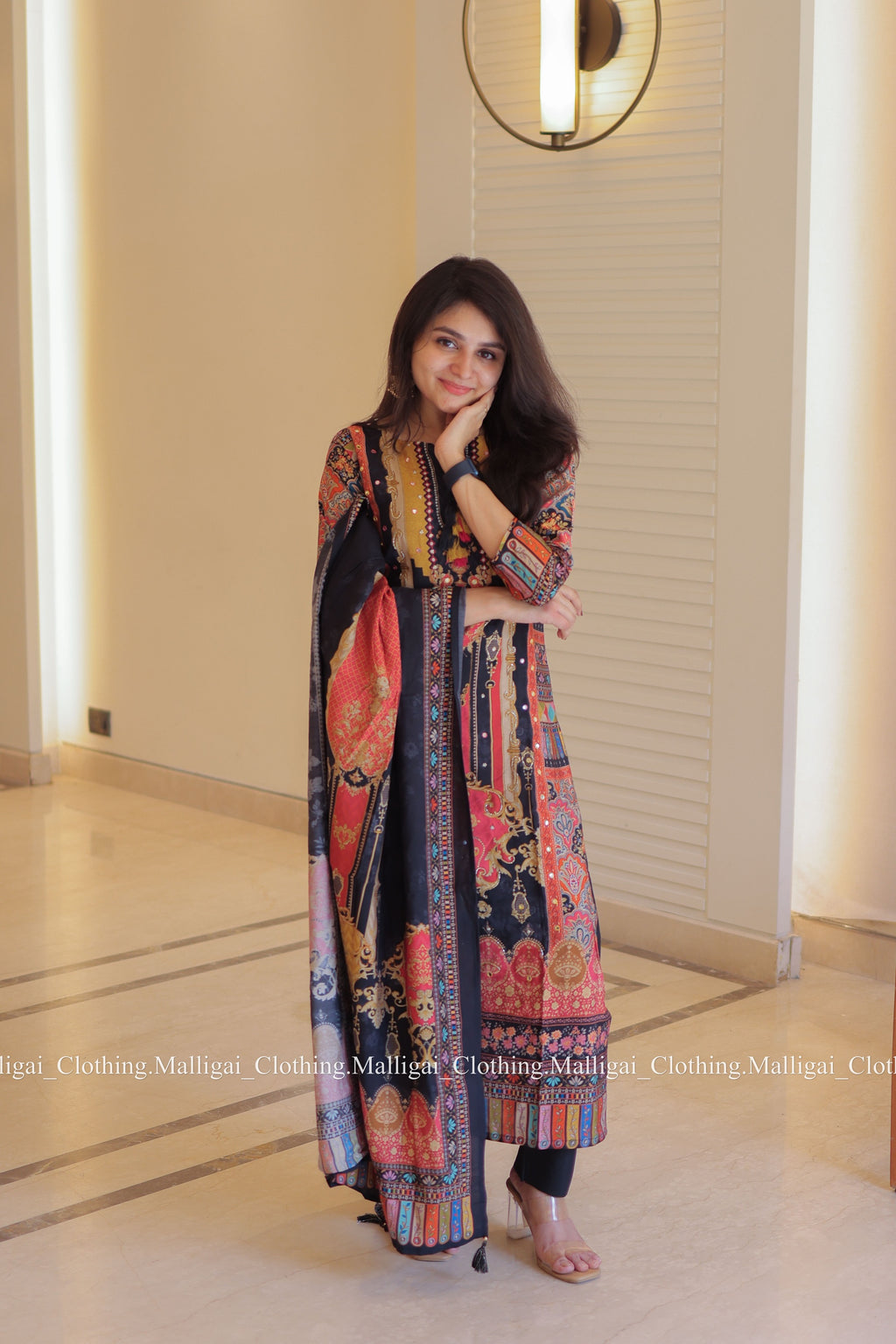 Muslin Salwar Suit Set with Top, Pant and Dupatta with Pockets - Black