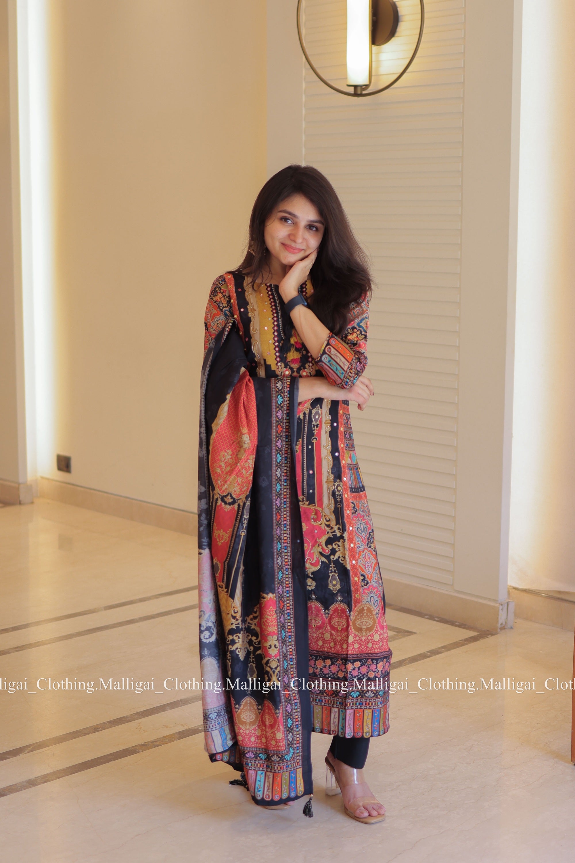 Muslin Salwar Suit Set with Top, Pant and Dupatta with Pockets - Black