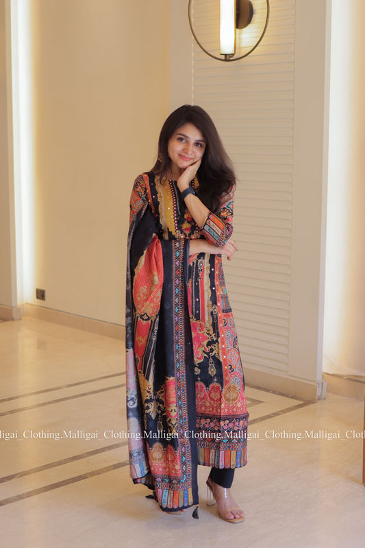 Muslin Salwar Suit Set with Top, Pant and Dupatta with Pockets - Black