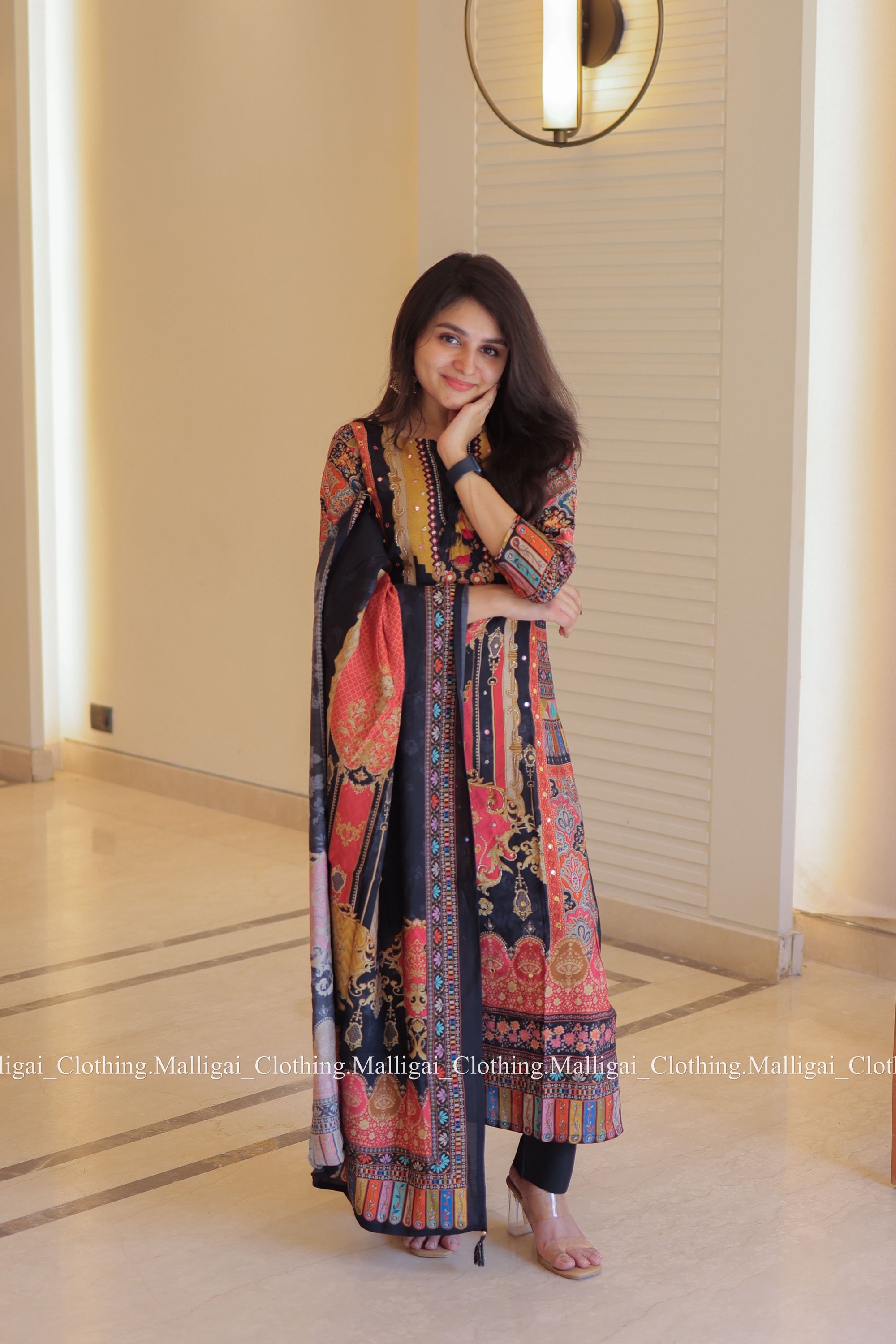 Muslin Salwar Suit Set with Top, Pant and Dupatta with Pockets - Black