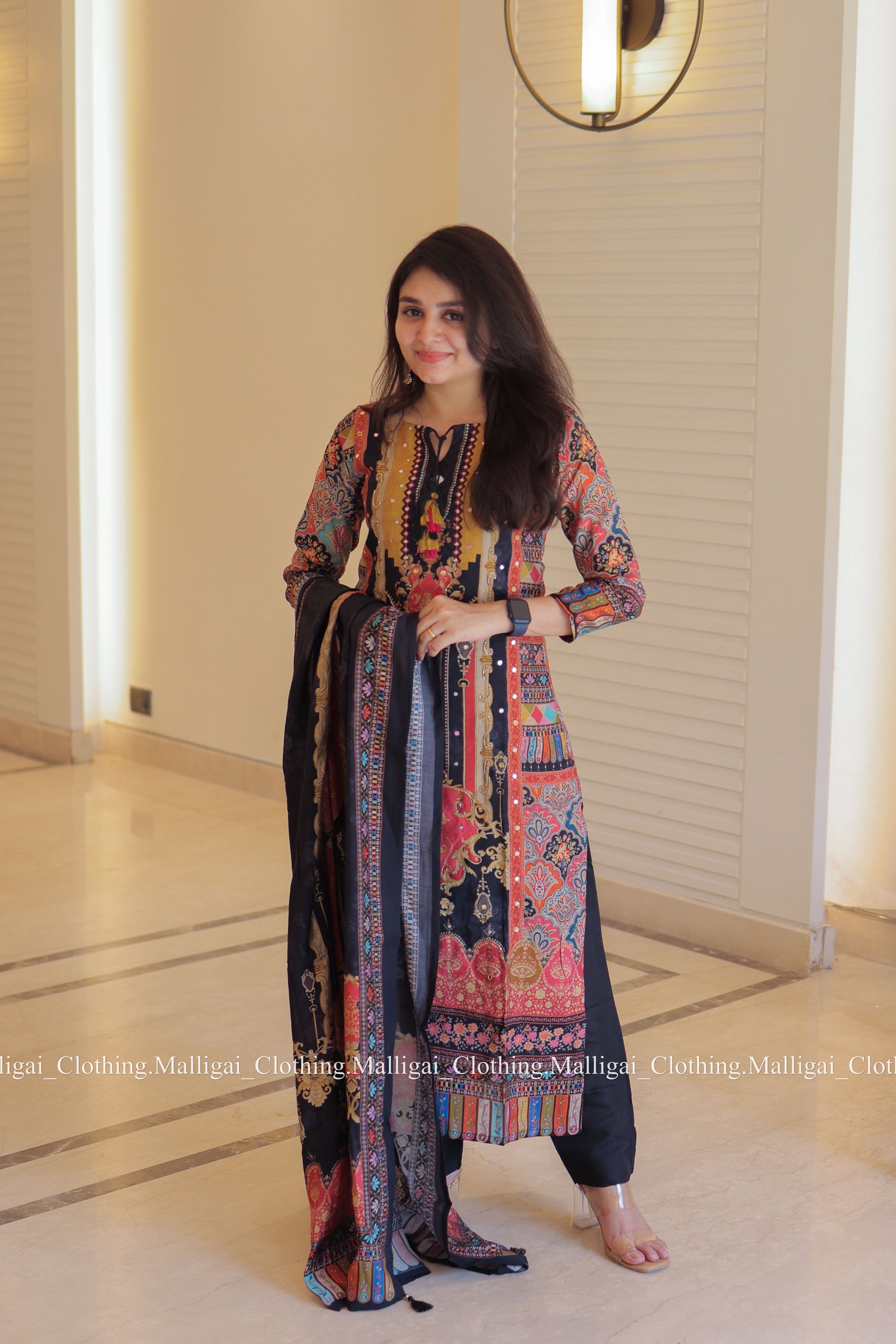Muslin Salwar Suit Set with Top, Pant and Dupatta with Pockets - Black