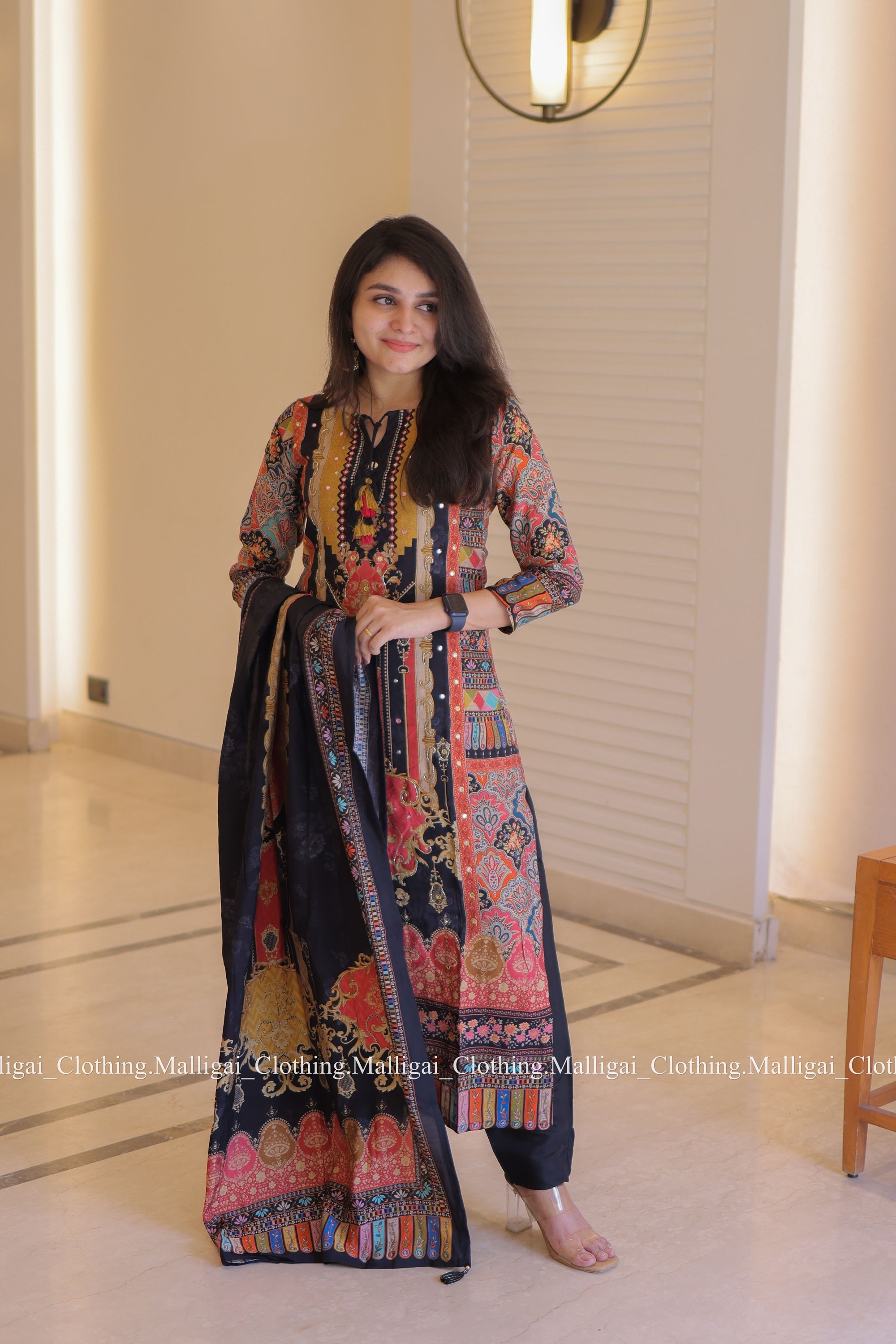 Muslin Salwar Suit Set with Top, Pant and Dupatta with Pockets - Black