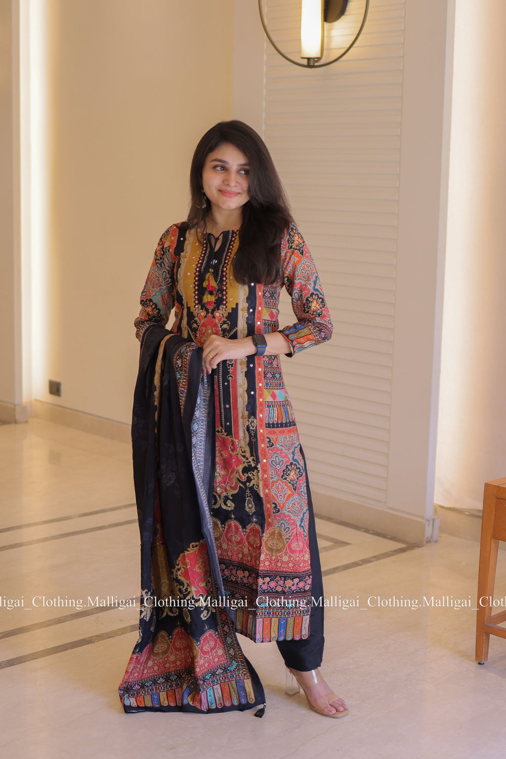 Muslin Salwar Suit Set with Top, Pant and Dupatta with Pockets - Black