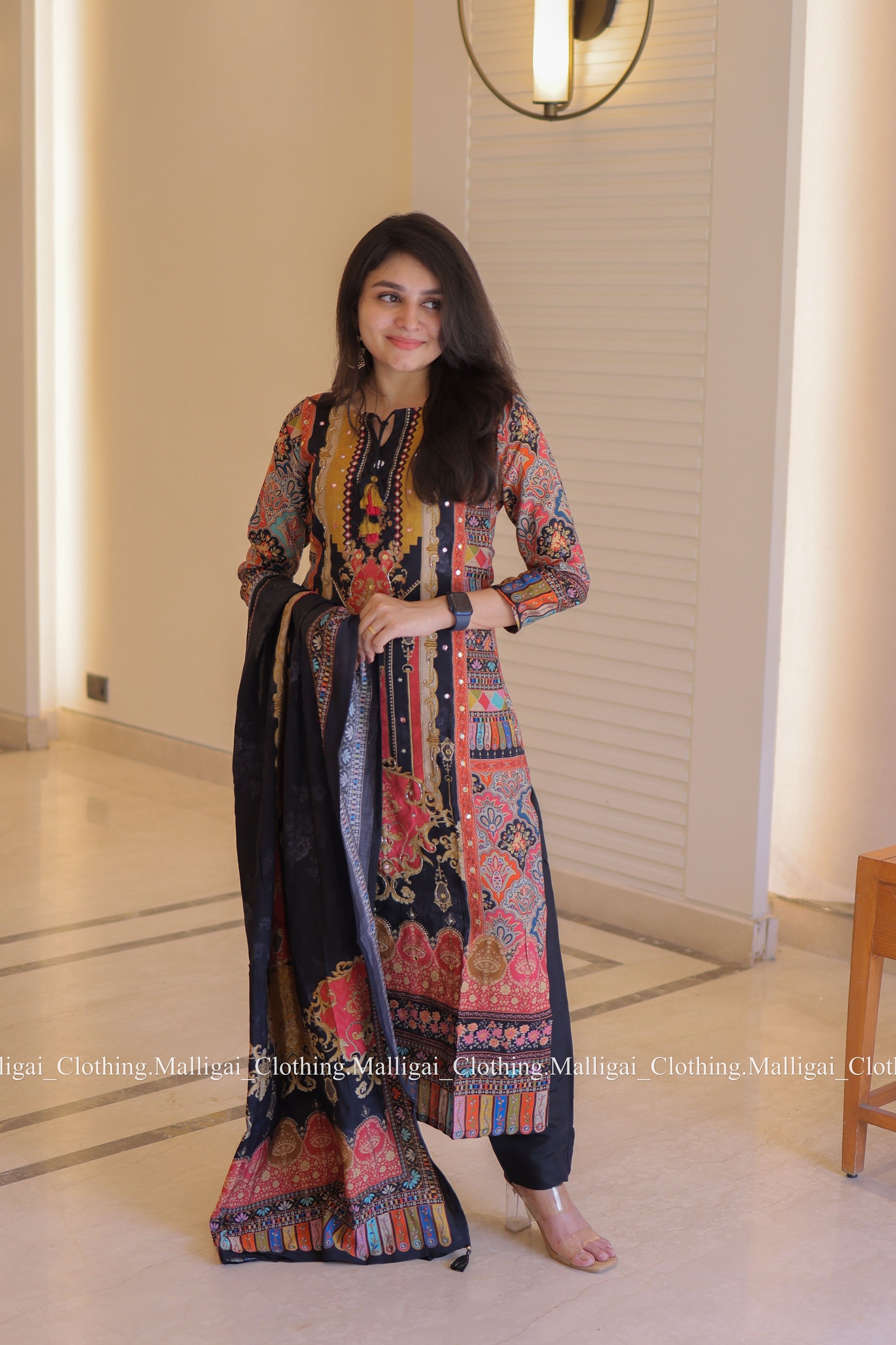 Muslin Salwar Suit Set with Top, Pant and Dupatta with Pockets - Black