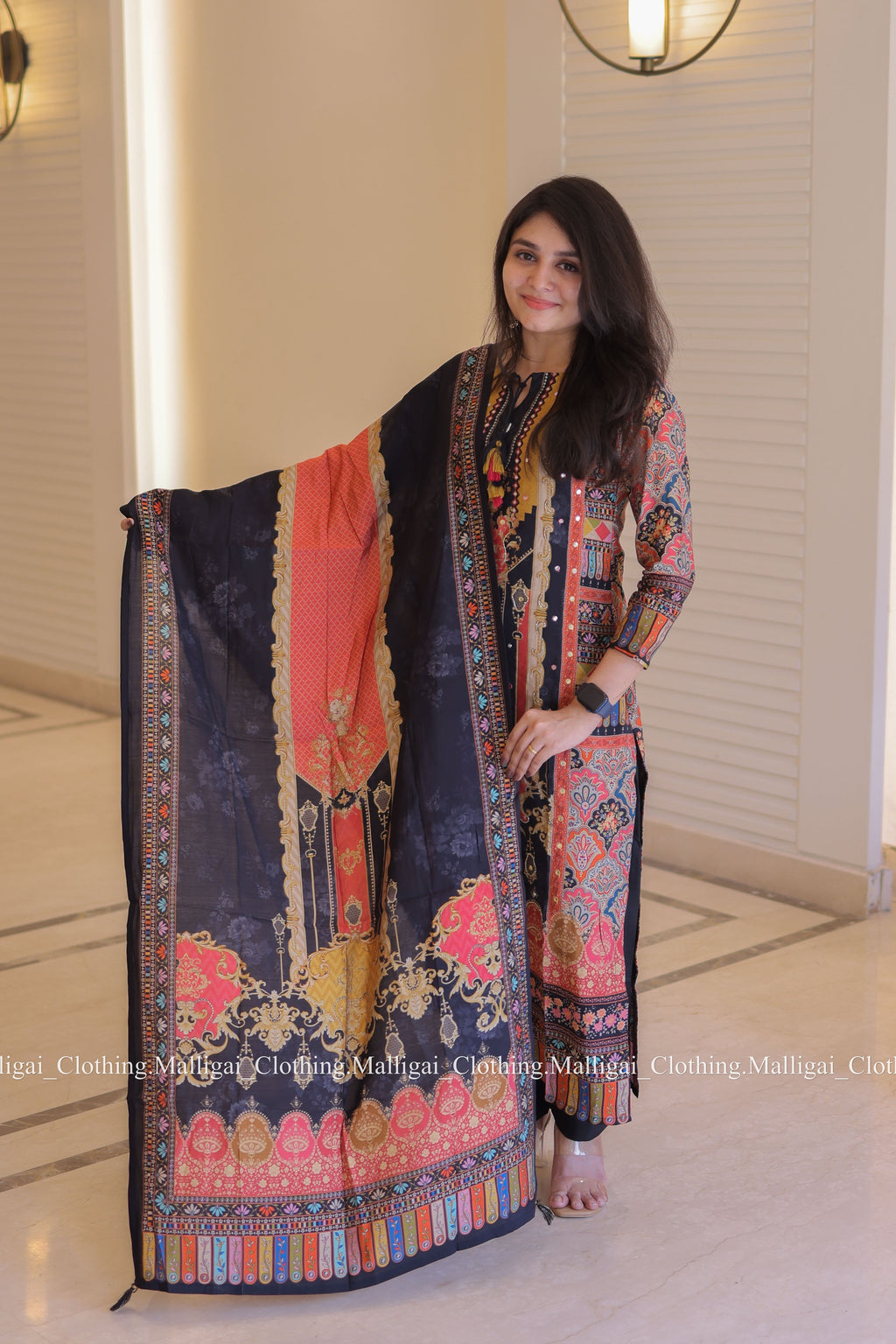 Muslin Salwar Suit Set with Top, Pant and Dupatta with Pockets - Black