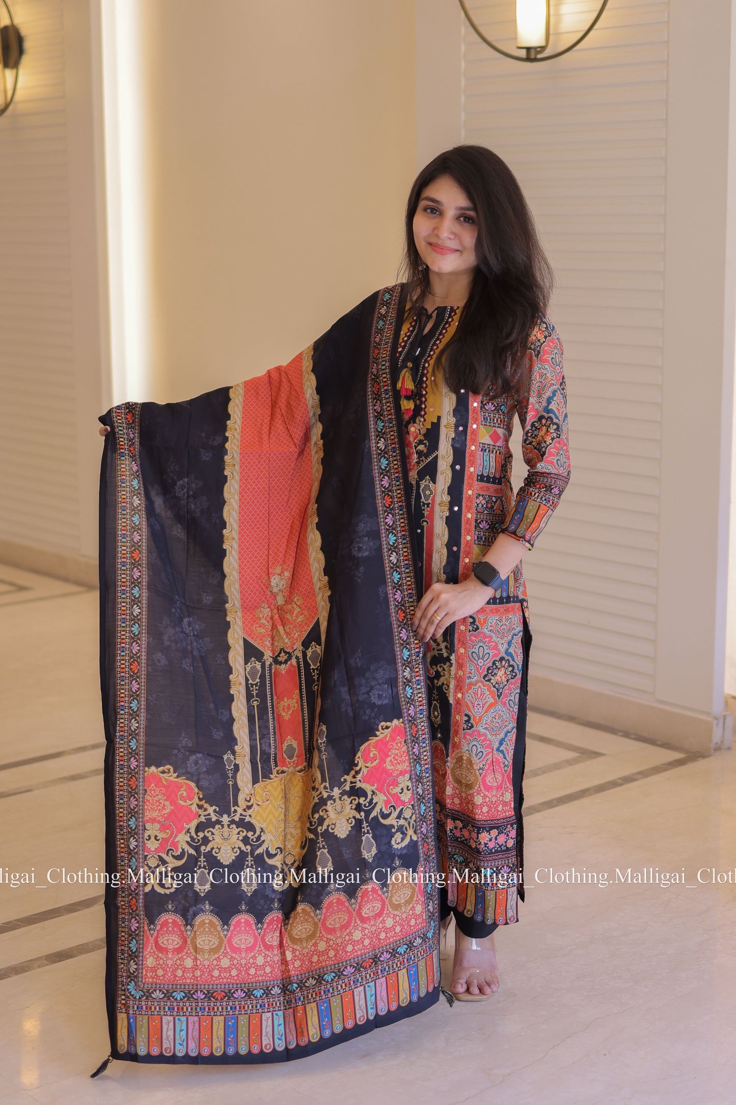 Muslin Salwar Suit Set with Top, Pant and Dupatta with Pockets - Black