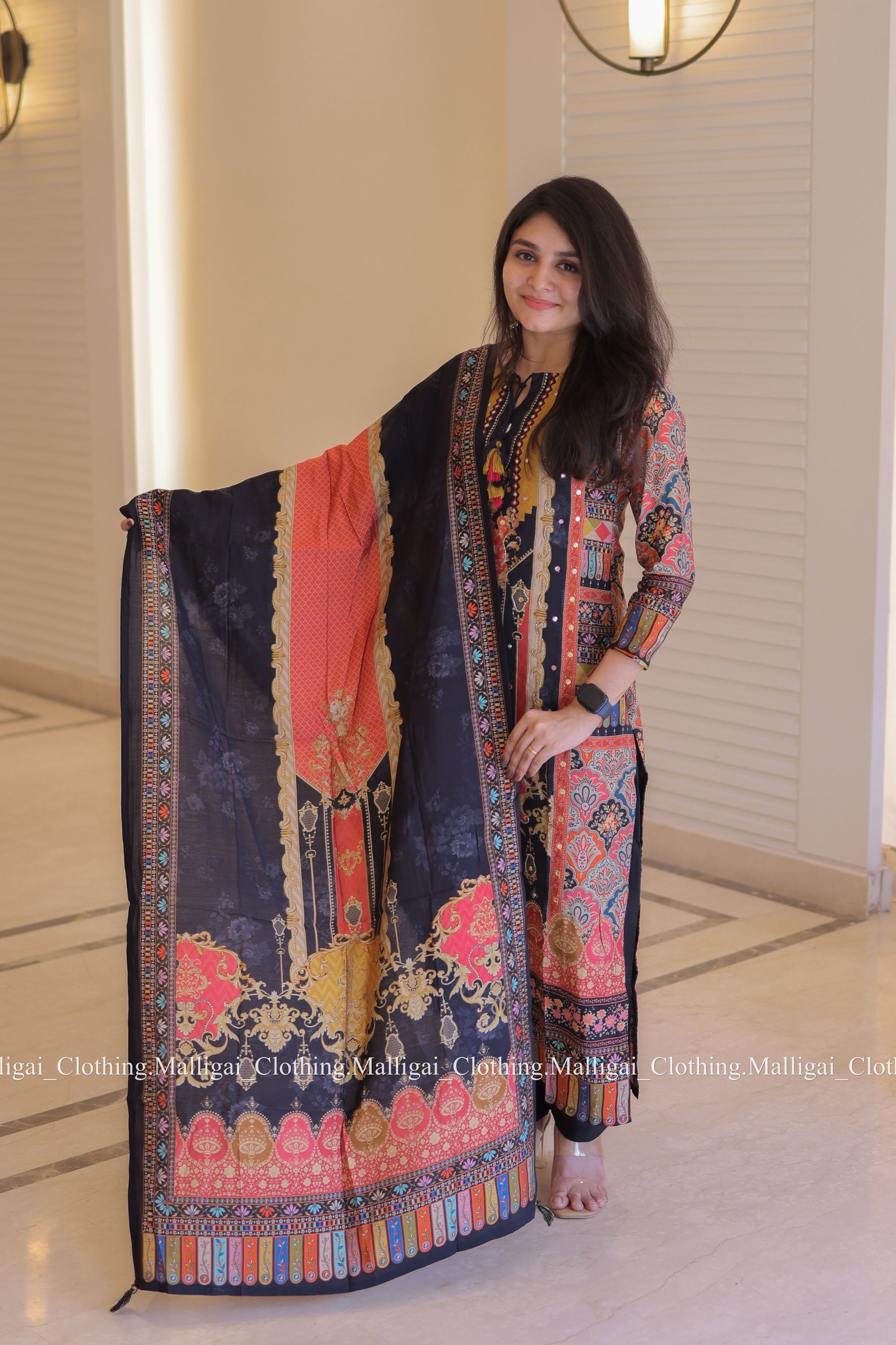Muslin Salwar Suit Set with Top, Pant and Dupatta with Pockets - Black