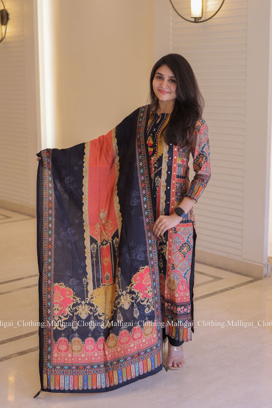 Muslin Salwar Suit Set with Top, Pant and Dupatta with Pockets - Black