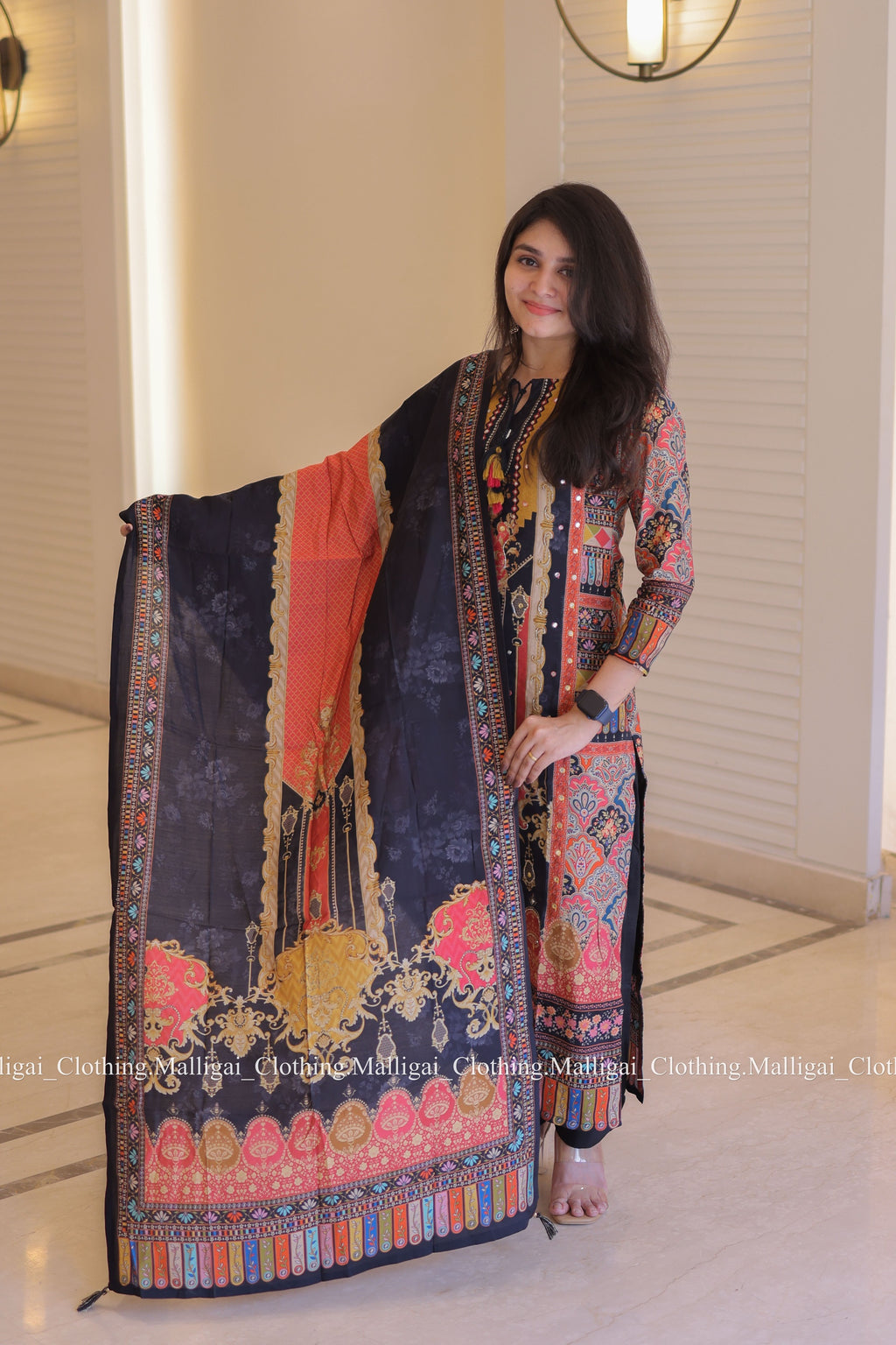 Muslin Salwar Suit Set with Top, Pant and Dupatta with Pockets - Black