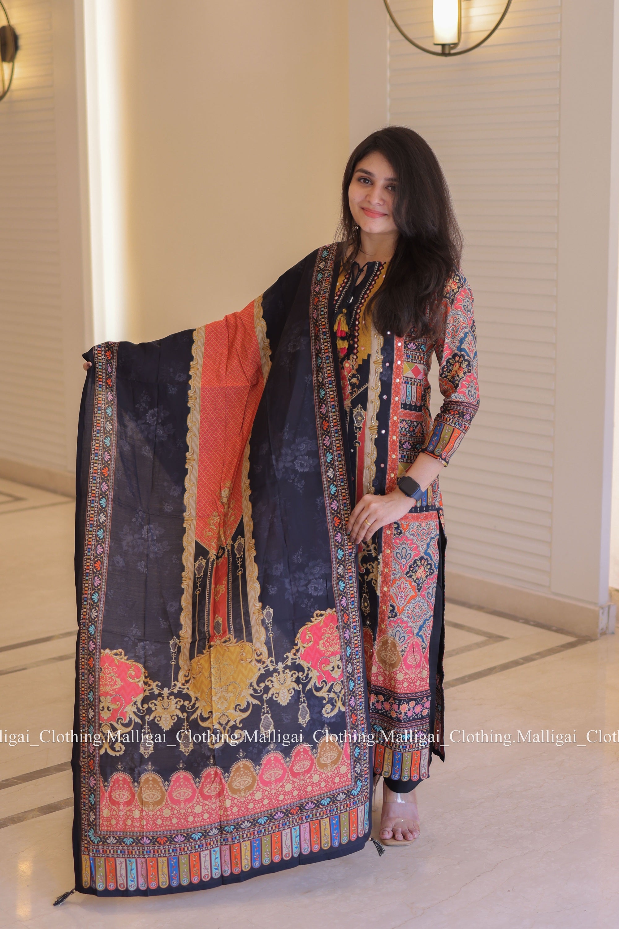 Muslin Salwar Suit Set with Top, Pant and Dupatta with Pockets - Black