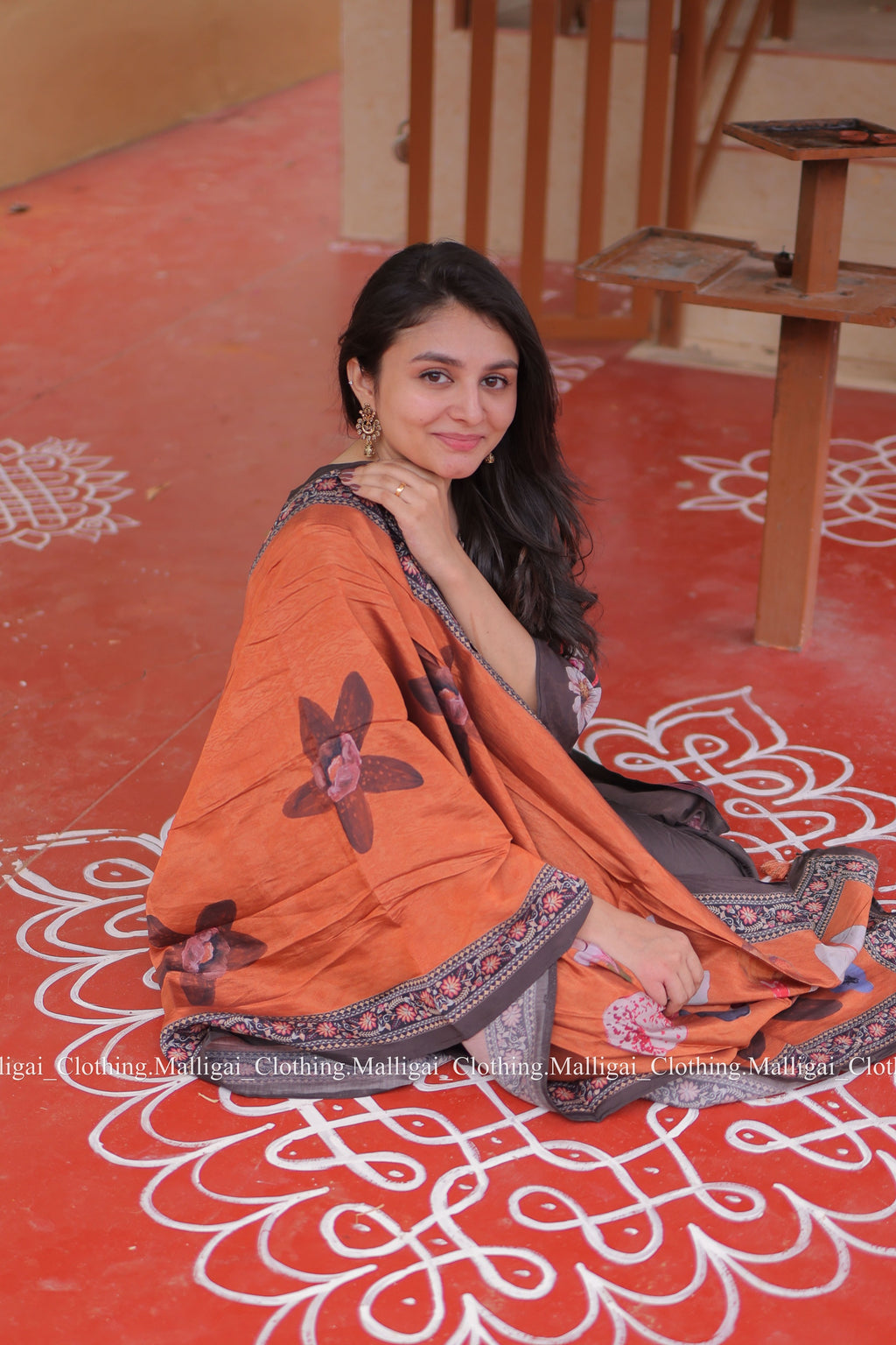 Muslin Salwar Suit Set with Top, Pant and Dupatta with Pockets -Brown