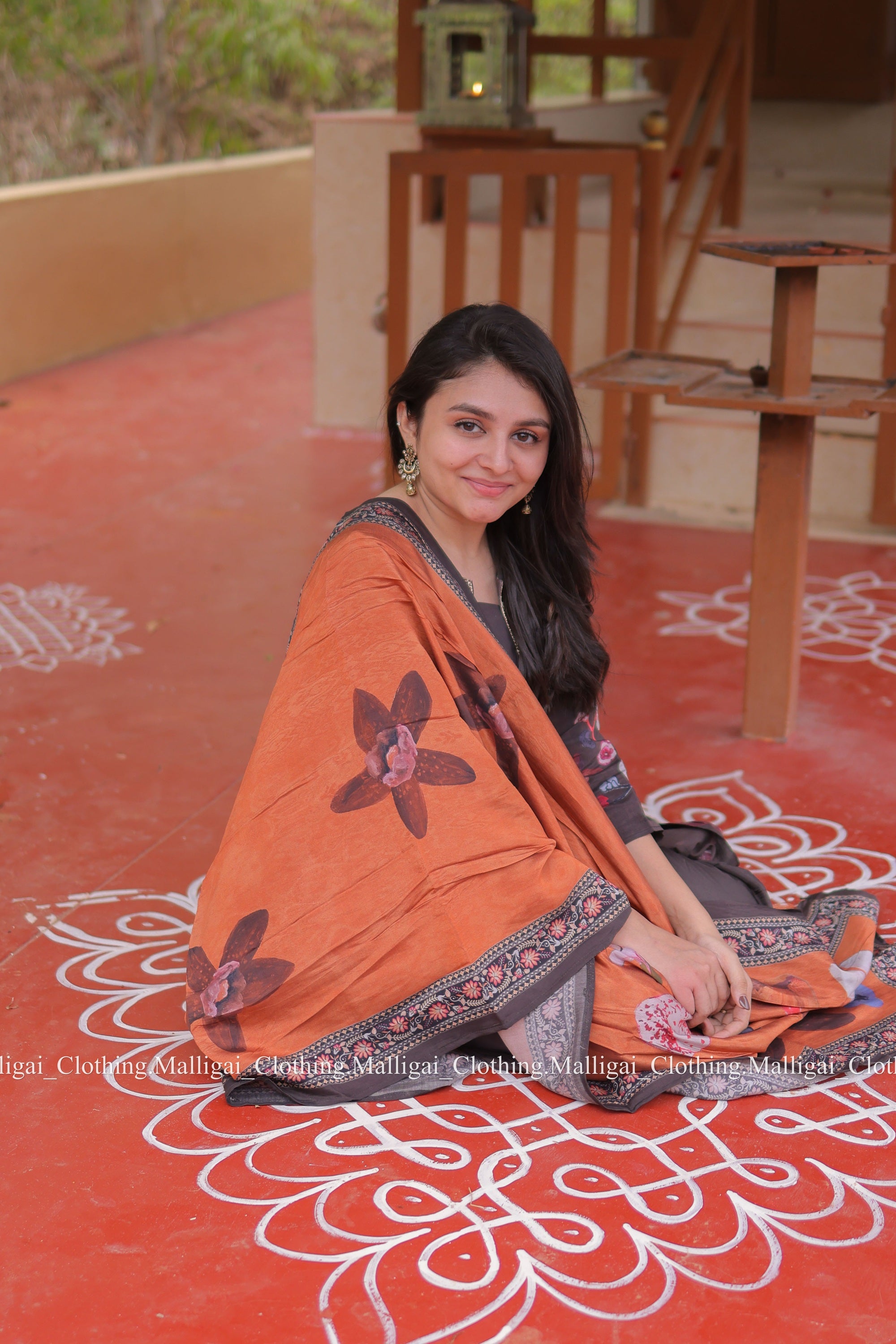 Muslin Salwar Suit Set with Top, Pant and Dupatta with Pockets -Brown