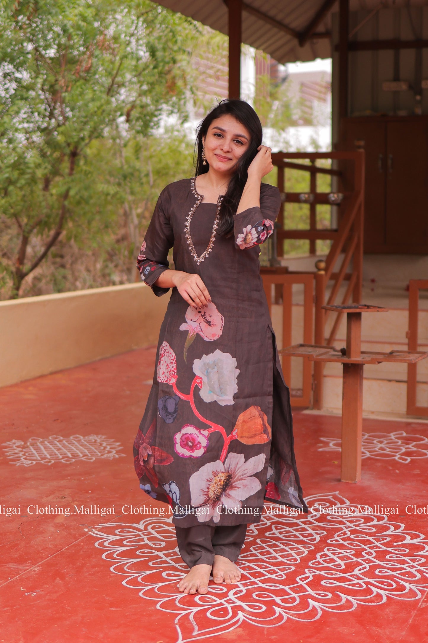 Muslin Salwar Suit Set with Top, Pant and Dupatta with Pockets -Brown
