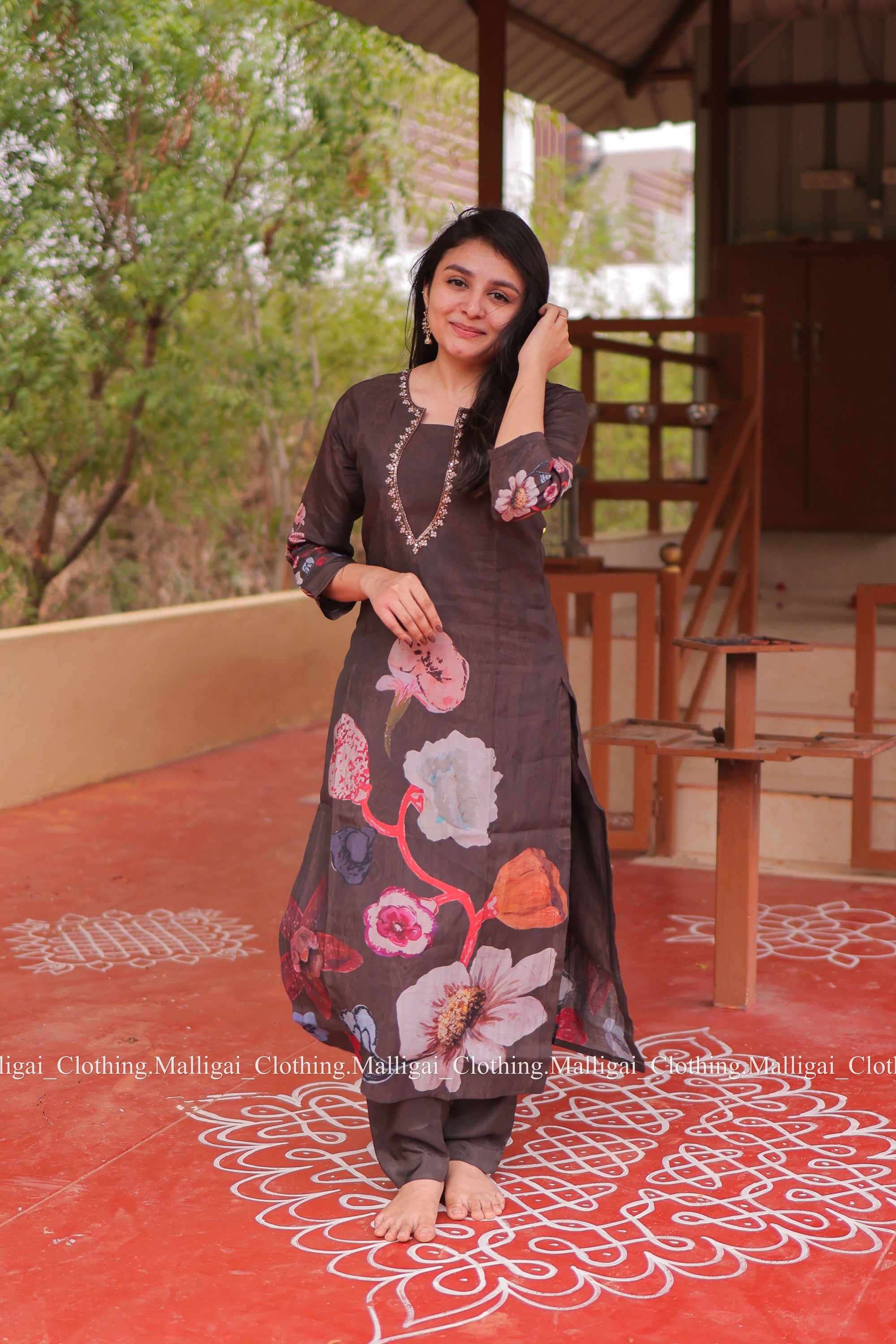Muslin Salwar Suit Set with Top, Pant and Dupatta with Pockets -Brown