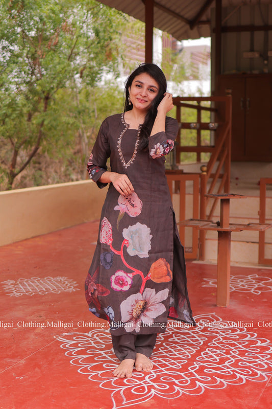 Muslin Salwar Suit Set with Top, Pant and Dupatta with Pockets -Brown