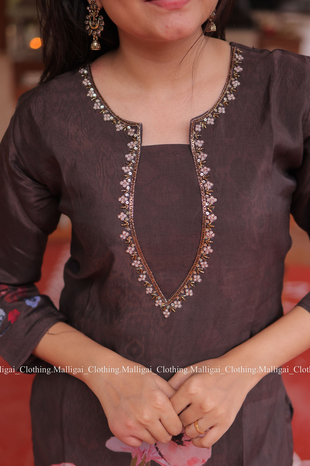 Muslin Salwar Suit Set with Top, Pant and Dupatta with Pockets -Brown