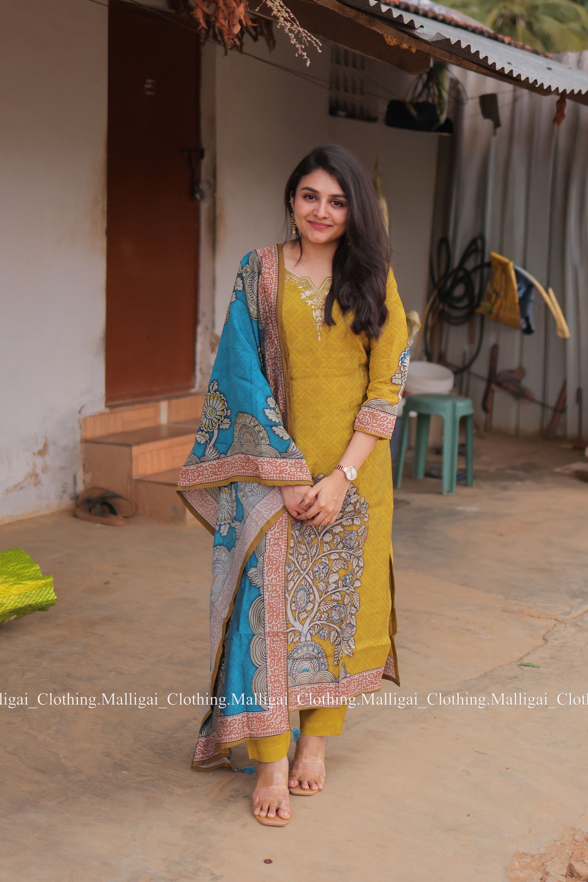 Muslin Salwar Suit Set with Top, Pant and Dupatta with Pockets - Mustard