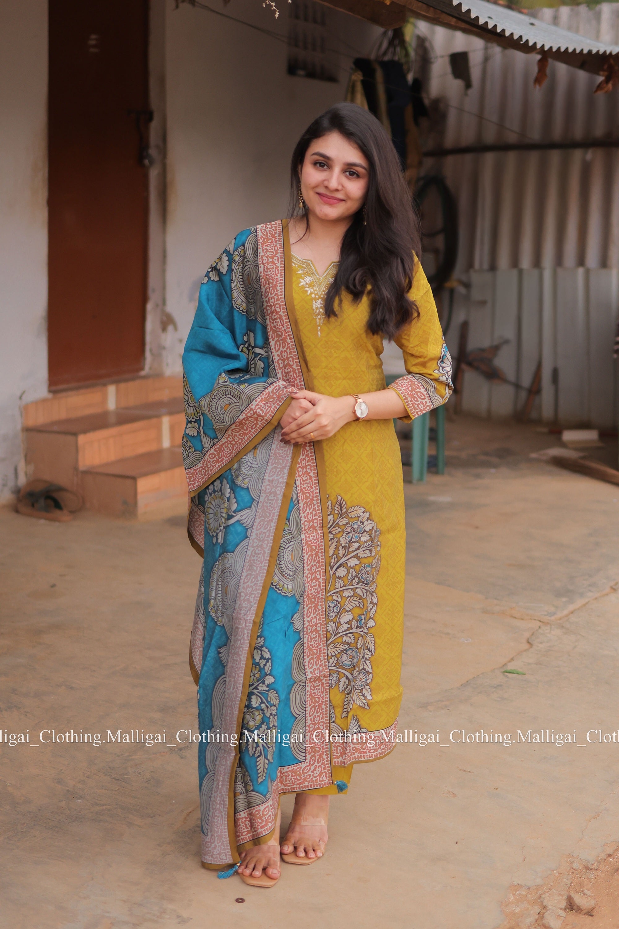 Muslin Salwar Suit Set with Top, Pant and Dupatta with Pockets - Mustard