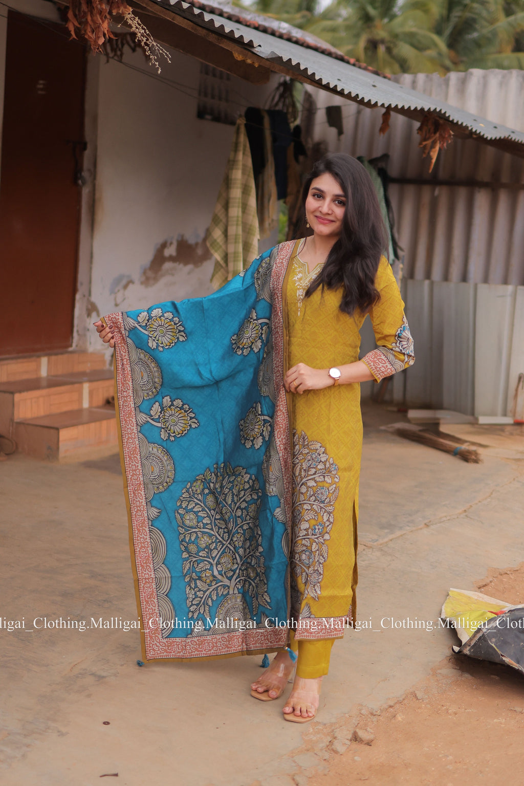 Muslin Salwar Suit Set with Top, Pant and Dupatta with Pockets - Mustard