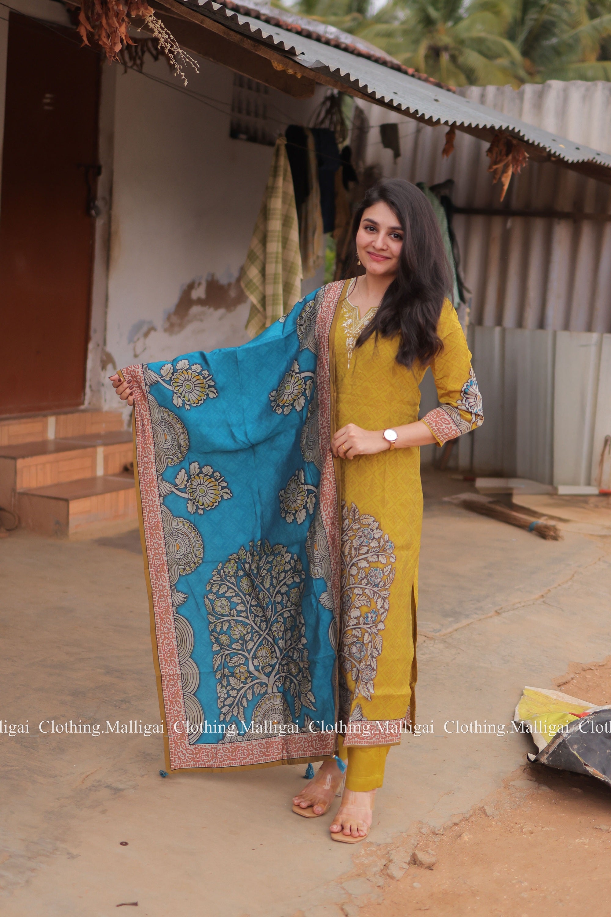 Muslin Salwar Suit Set with Top, Pant and Dupatta with Pockets - Mustard