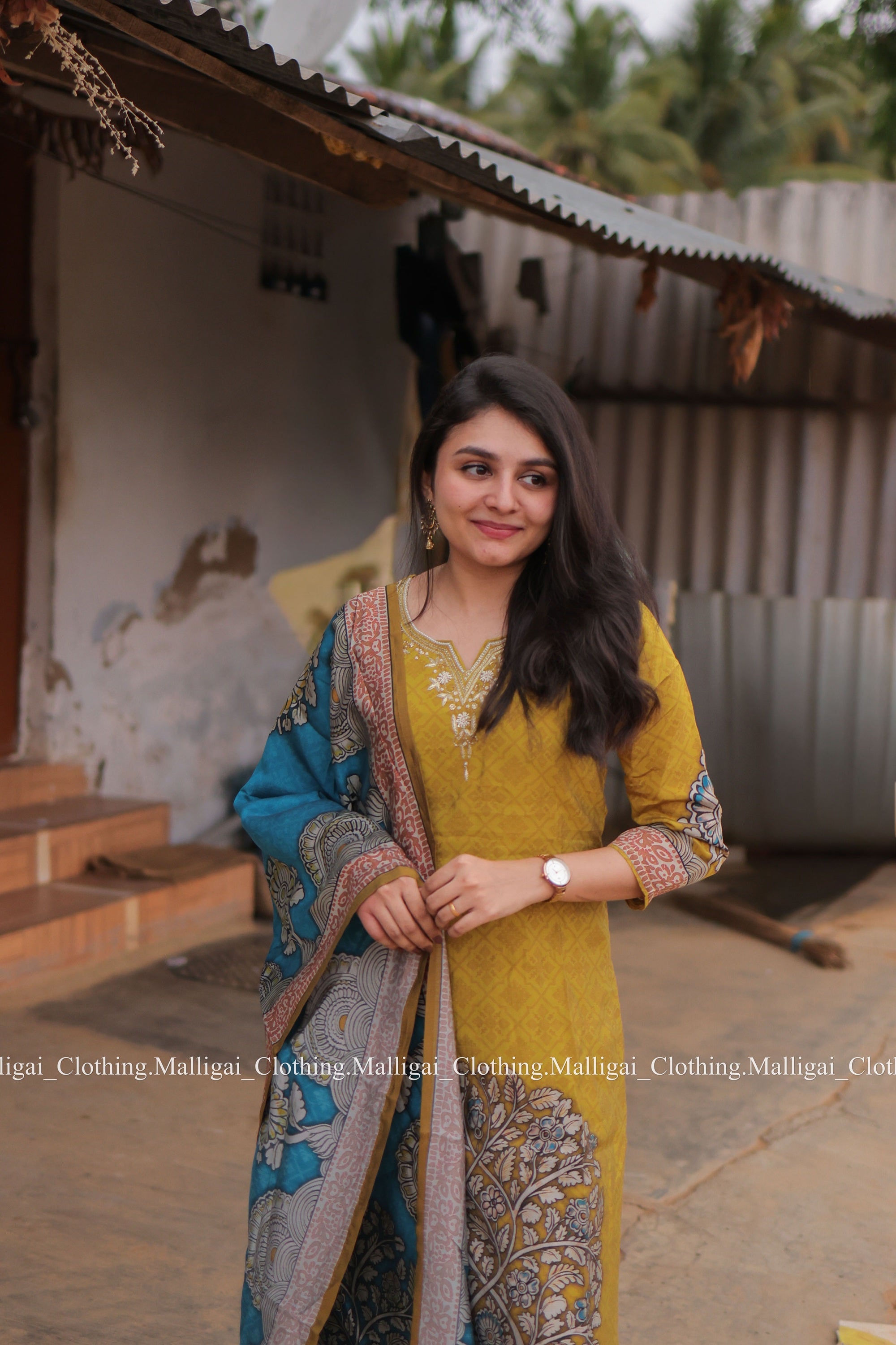 Muslin Salwar Suit Set with Top, Pant and Dupatta with Pockets - Mustard