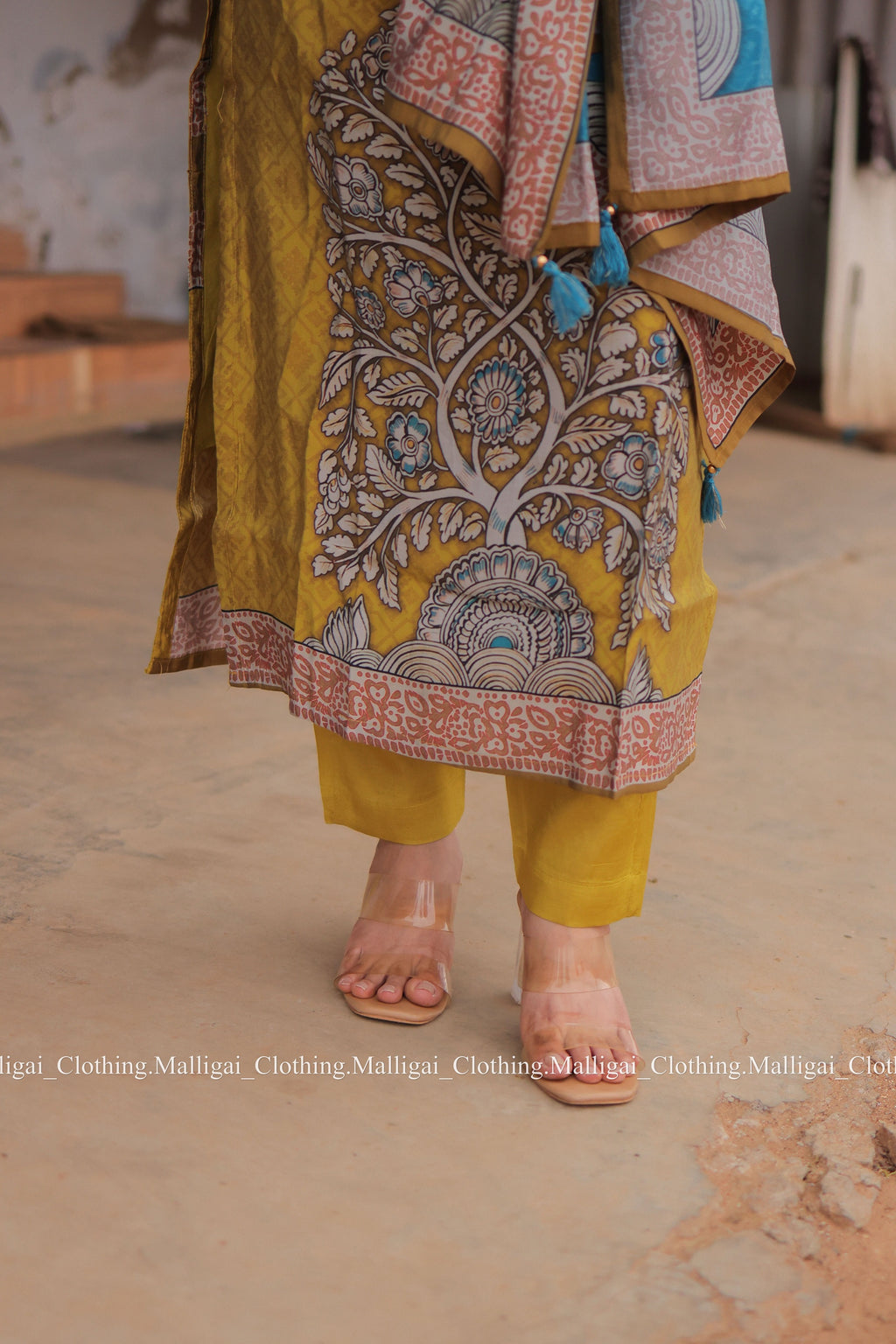 Muslin Salwar Suit Set with Top, Pant and Dupatta with Pockets - Mustard