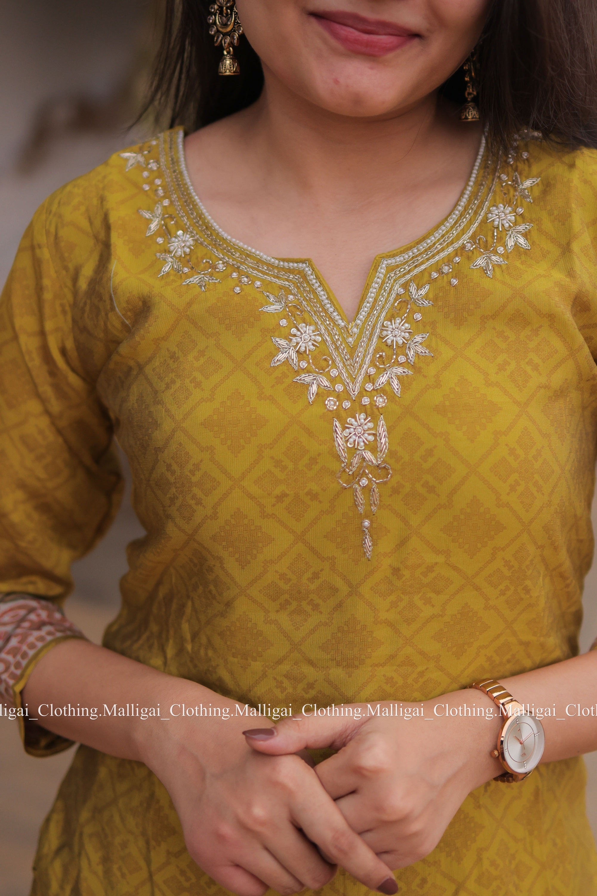 Muslin Salwar Suit Set with Top, Pant and Dupatta with Pockets - Mustard