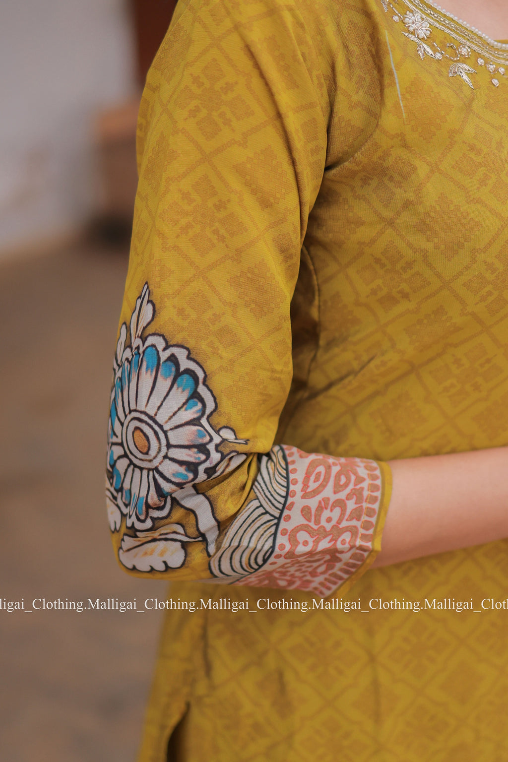 Muslin Salwar Suit Set with Top, Pant and Dupatta with Pockets - Mustard