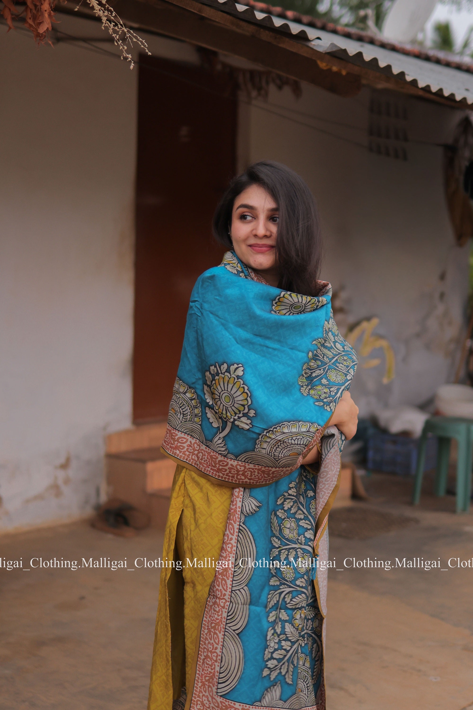 Muslin Salwar Suit Set with Top, Pant and Dupatta with Pockets - Mustard