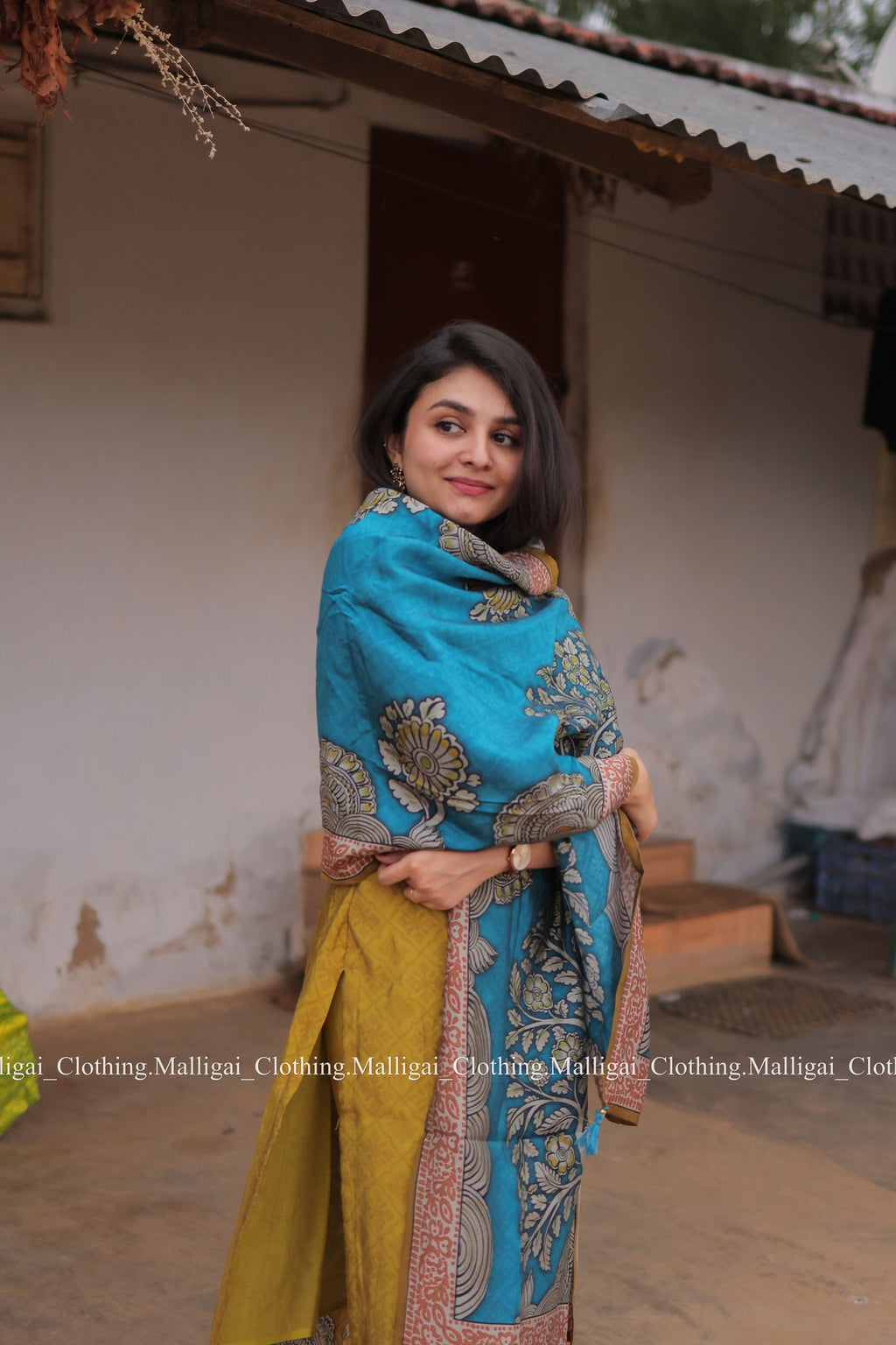 Muslin Salwar Suit Set with Top, Pant and Dupatta with Pockets - Mustard