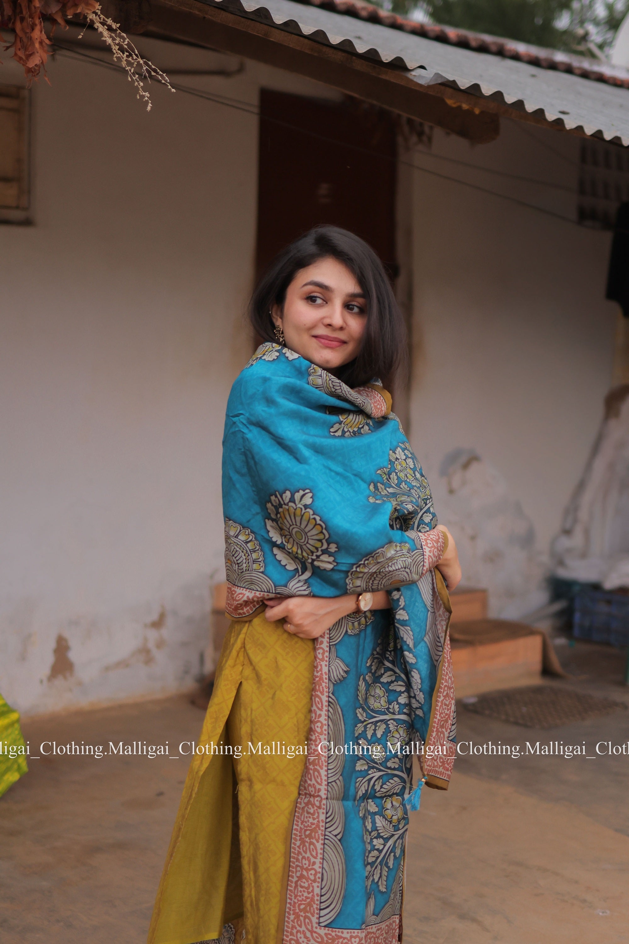 Muslin Salwar Suit Set with Top, Pant and Dupatta with Pockets - Mustard