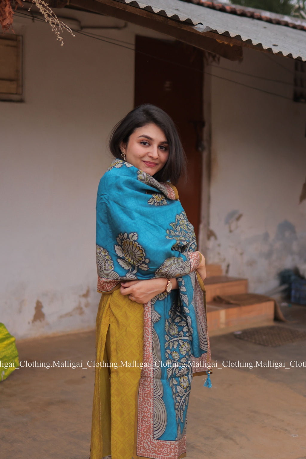 Muslin Salwar Suit Set with Top, Pant and Dupatta with Pockets - Mustard