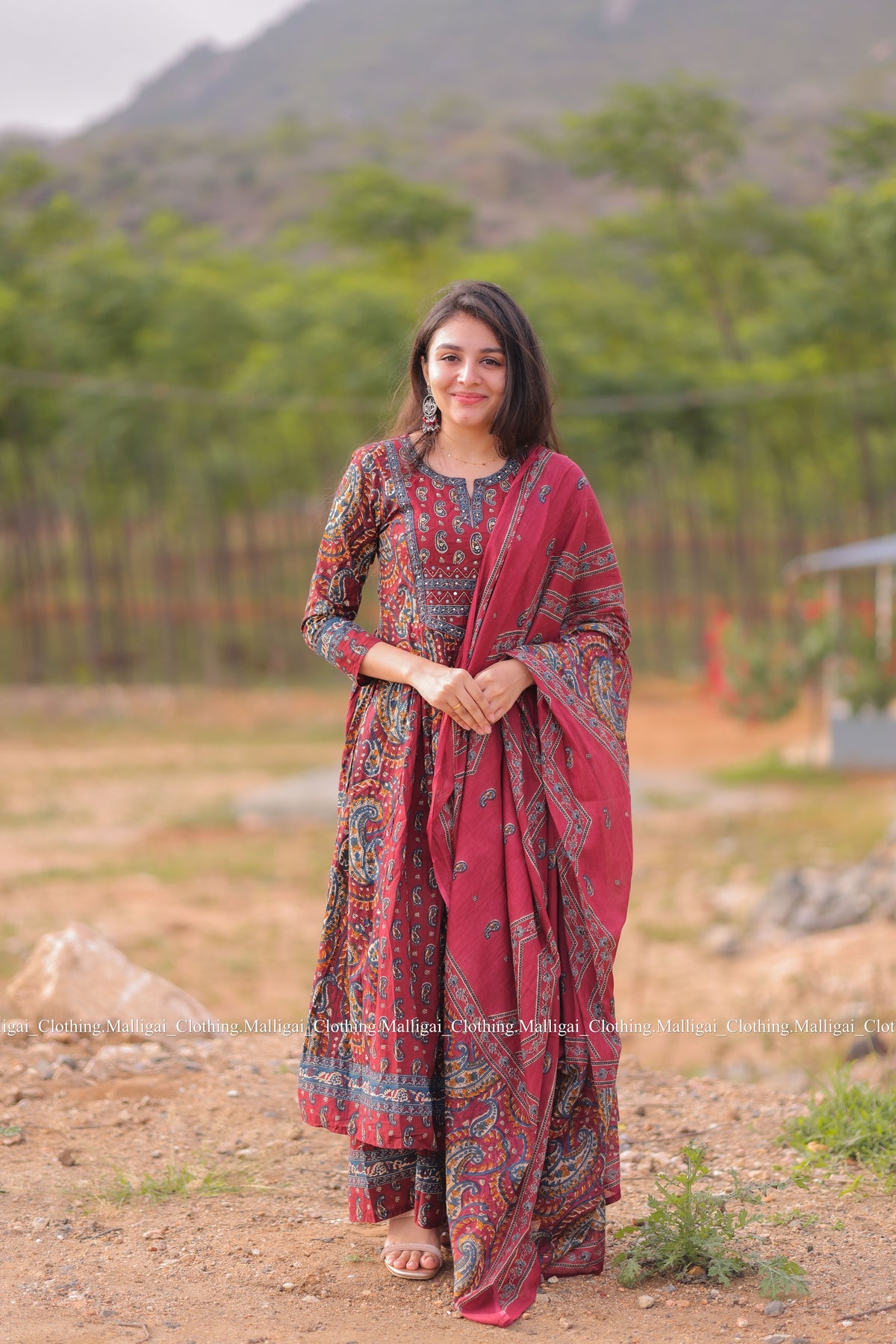 Floral Printed Anarkali Pure Cotton Kurta with Palazzos and Dupatta - Maroon