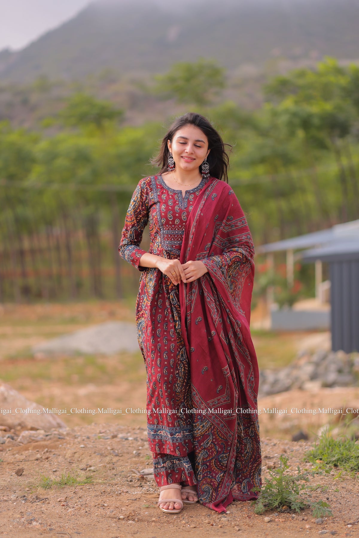 Floral Printed Anarkali Pure Cotton Kurta with Palazzos and Dupatta - Maroon