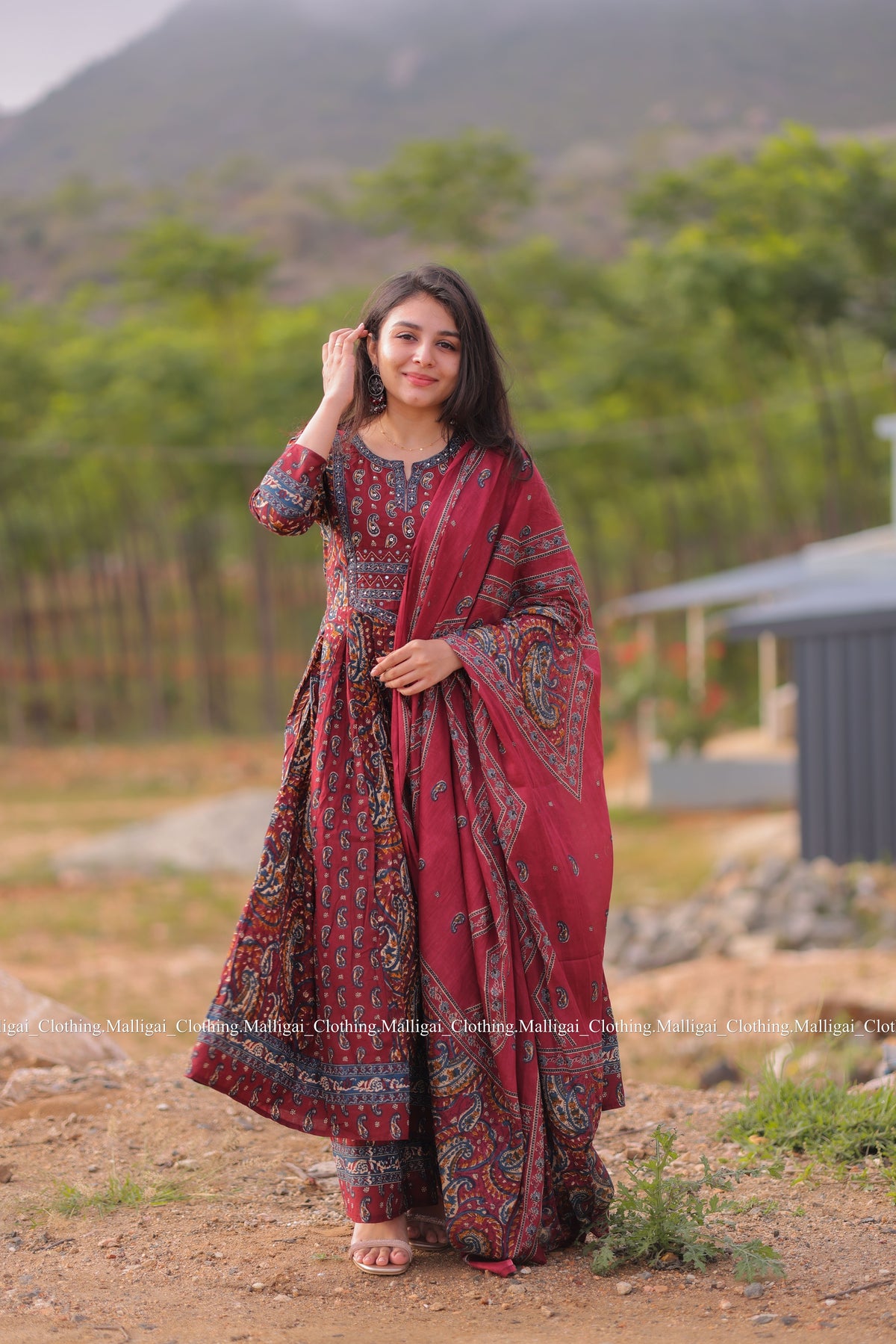 Floral Printed Anarkali Pure Cotton Kurta with Palazzos and Dupatta - Maroon