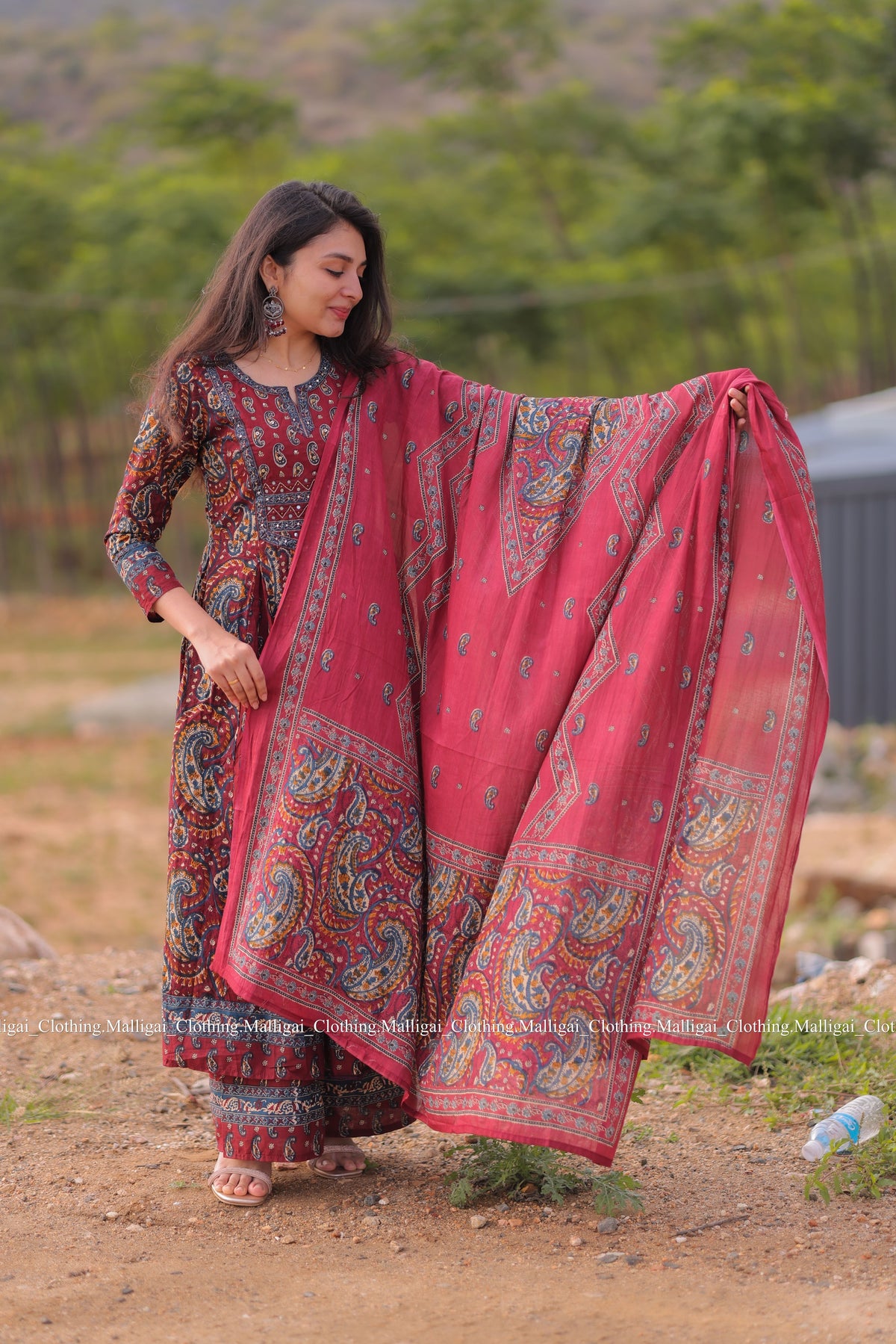 Floral Printed Anarkali Pure Cotton Kurta with Palazzos and Dupatta - Maroon