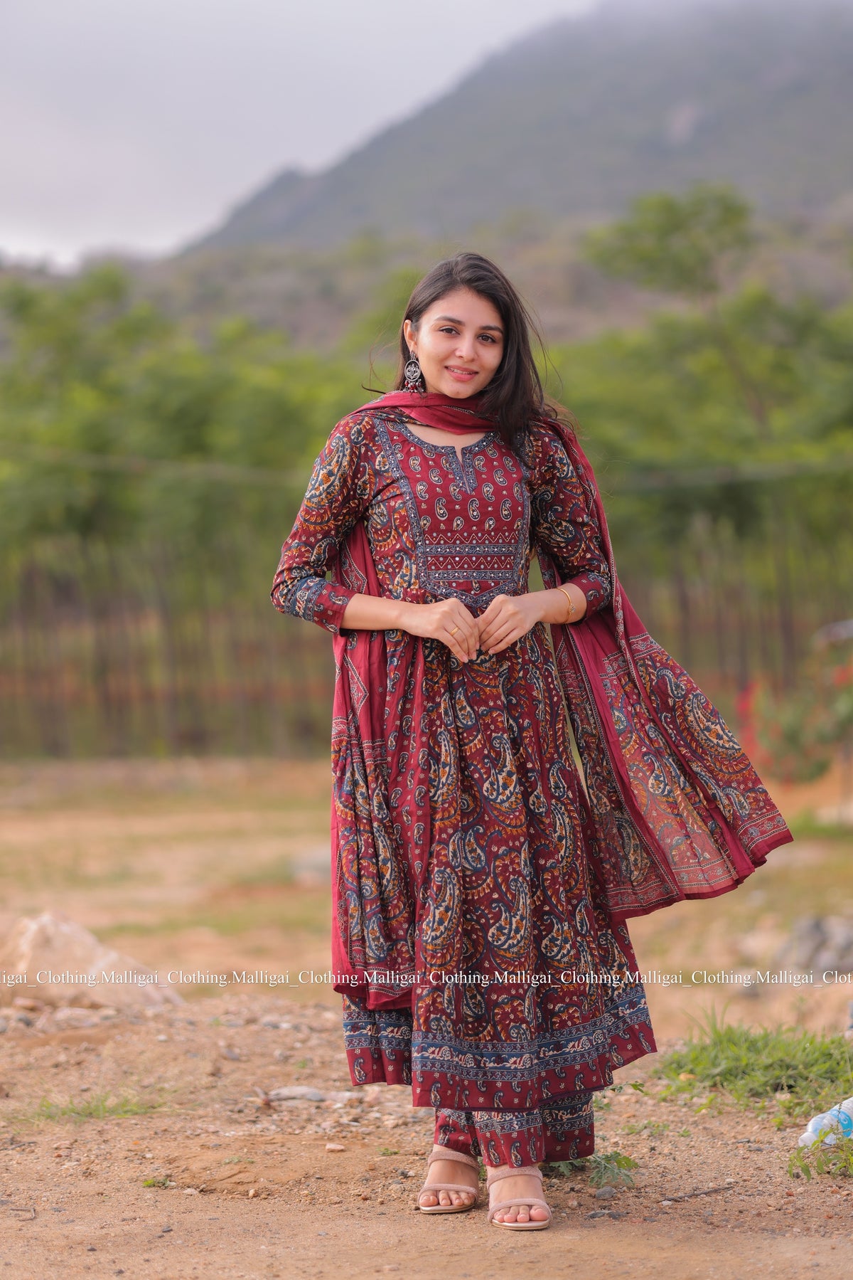 Floral Printed Anarkali Pure Cotton Kurta with Palazzos and Dupatta - Maroon