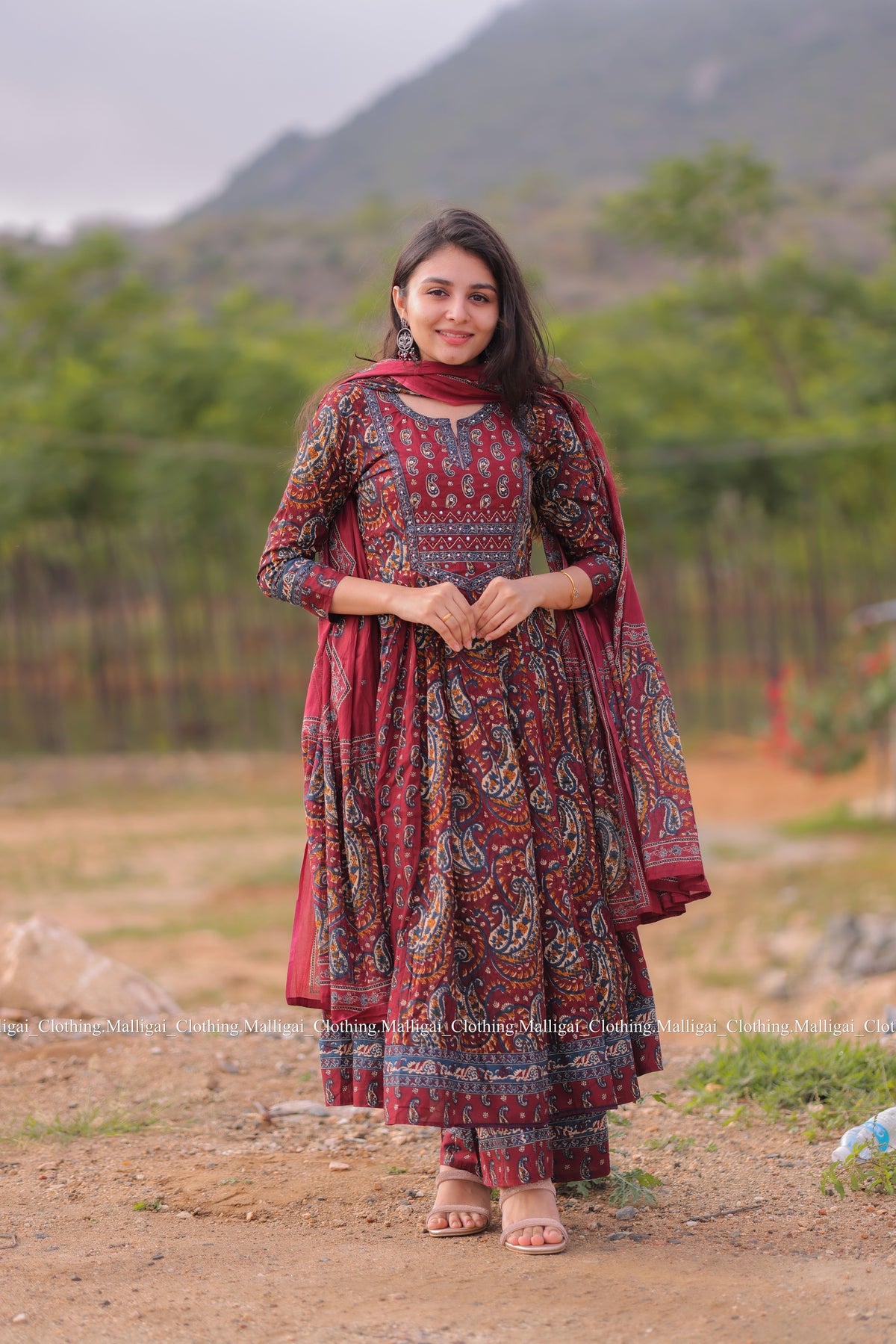 Floral Printed Anarkali Pure Cotton Kurta with Palazzos and Dupatta - Maroon