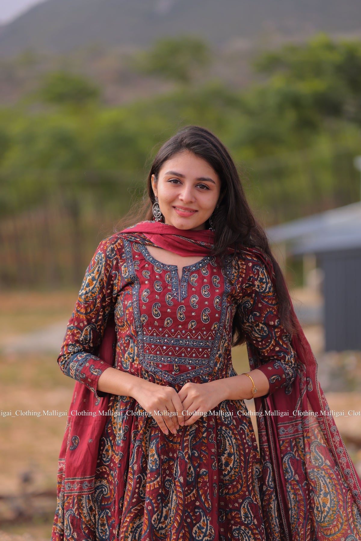 Floral Printed Anarkali Pure Cotton Kurta with Palazzos and Dupatta - Maroon