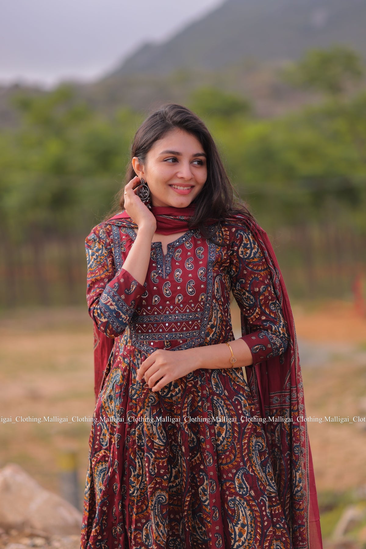 Floral Printed Anarkali Pure Cotton Kurta with Palazzos and Dupatta - Maroon