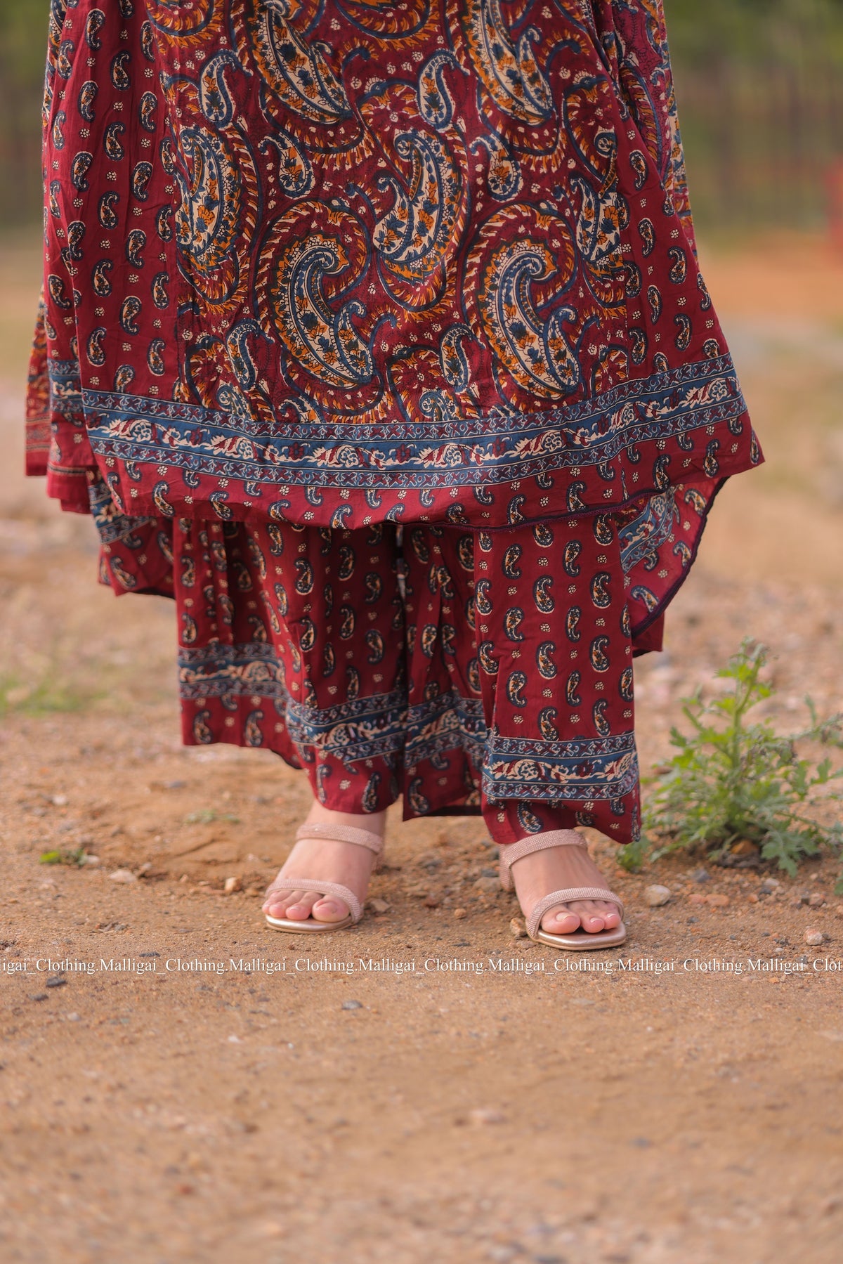 Floral Printed Anarkali Pure Cotton Kurta with Palazzos and Dupatta - Maroon