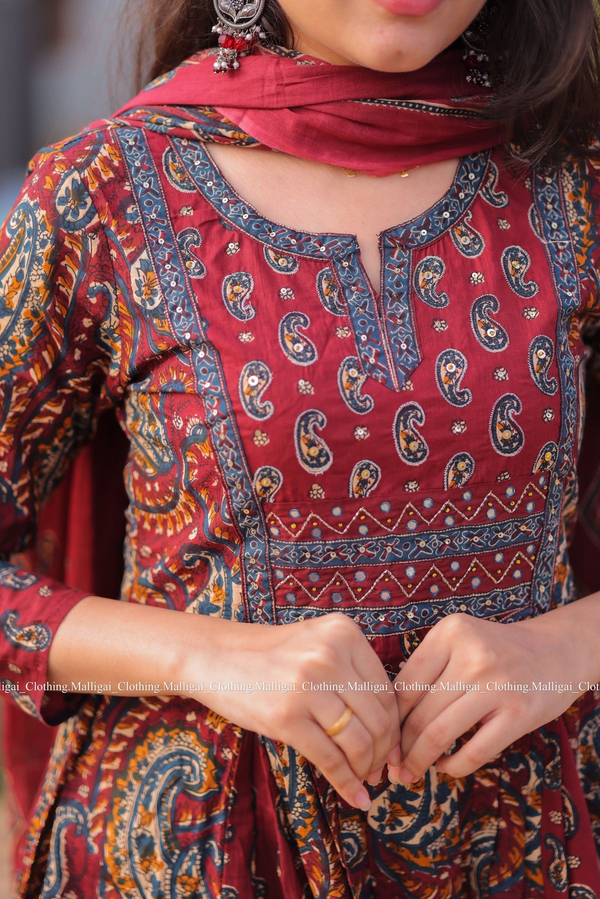 Floral Printed Anarkali Pure Cotton Kurta with Palazzos and Dupatta - Maroon