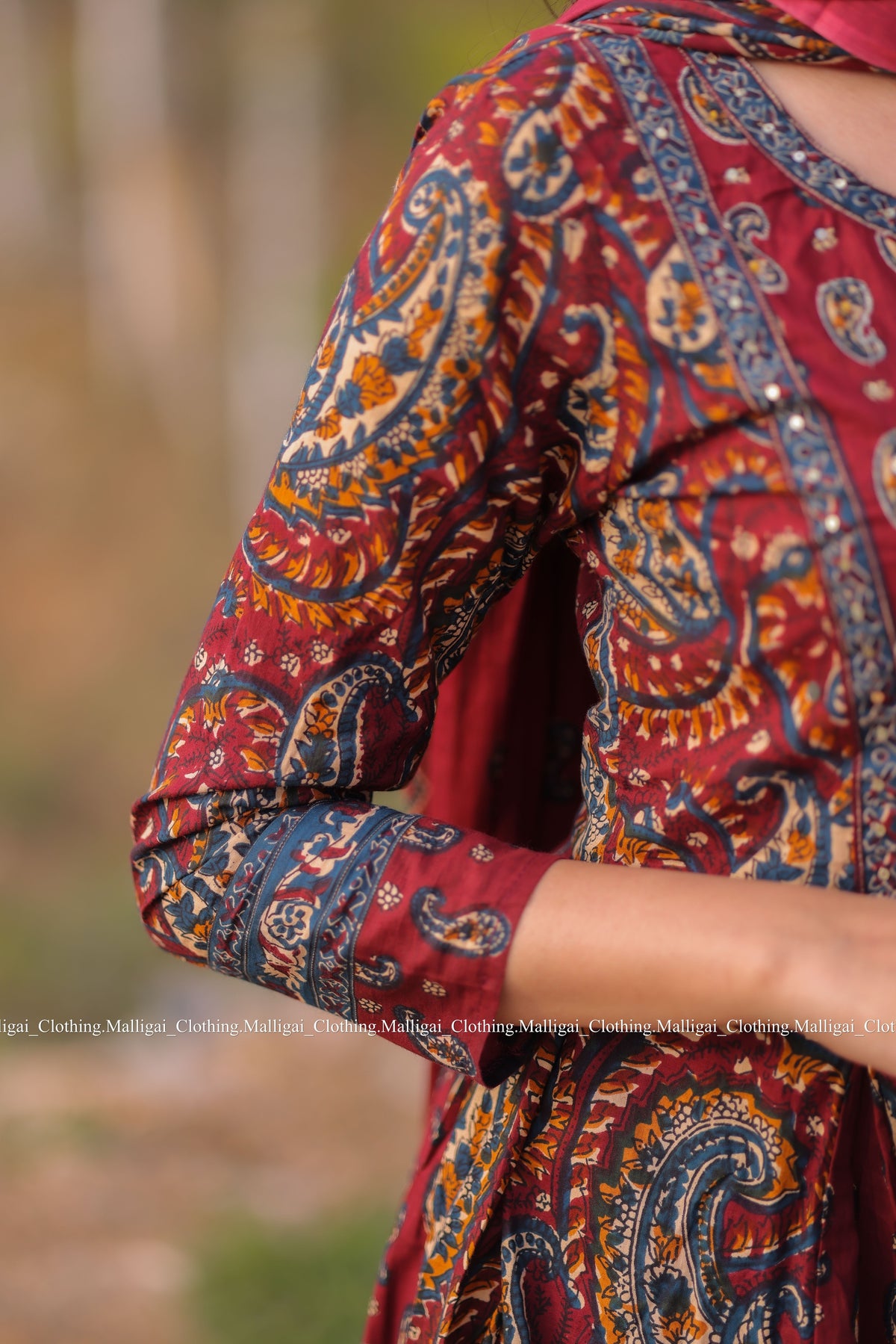 Floral Printed Anarkali Pure Cotton Kurta with Palazzos and Dupatta - Maroon