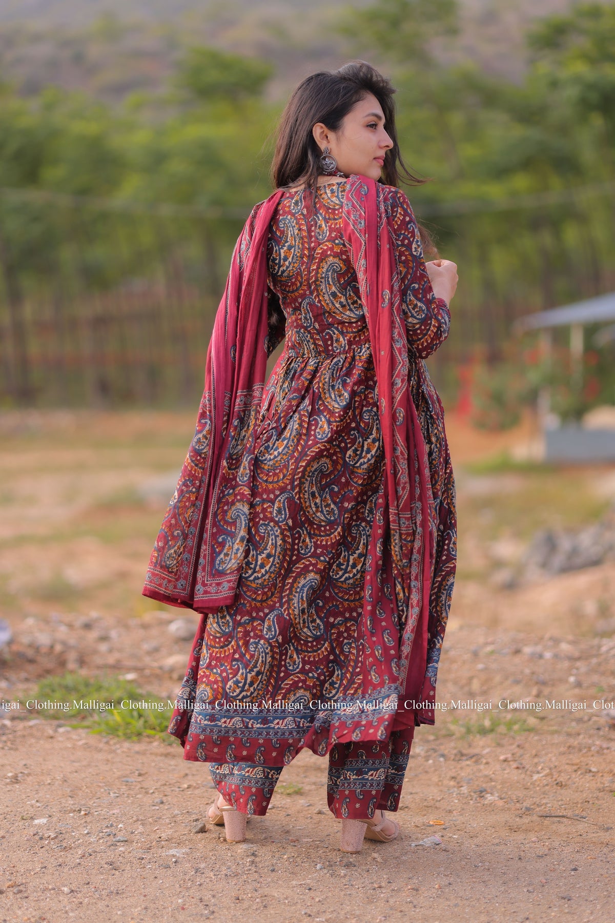 Floral Printed Anarkali Pure Cotton Kurta with Palazzos and Dupatta - Maroon