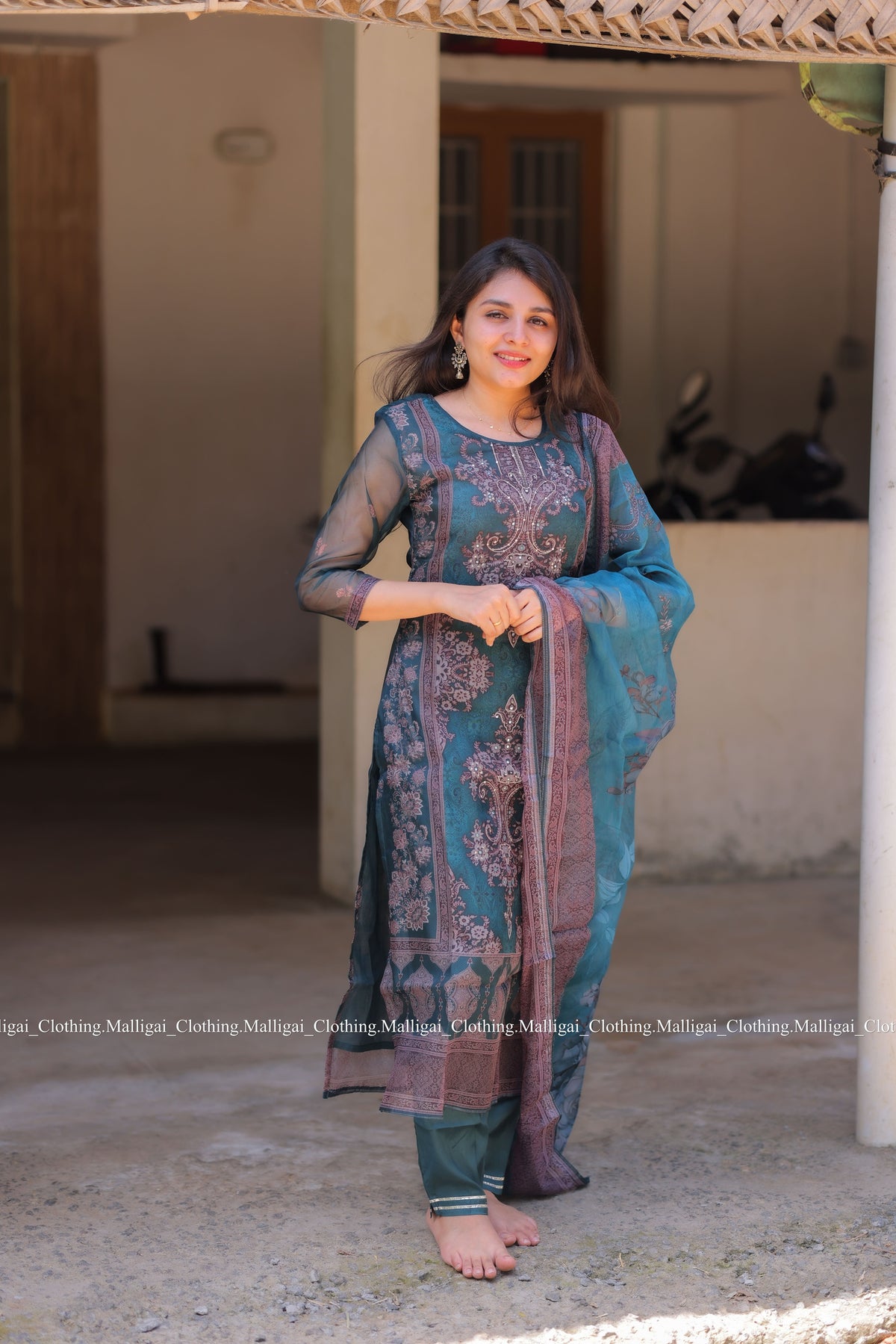 Organza Salwar Suit Set with Top, Pant and Dupatta with Pockets - Blue and Onion Pink