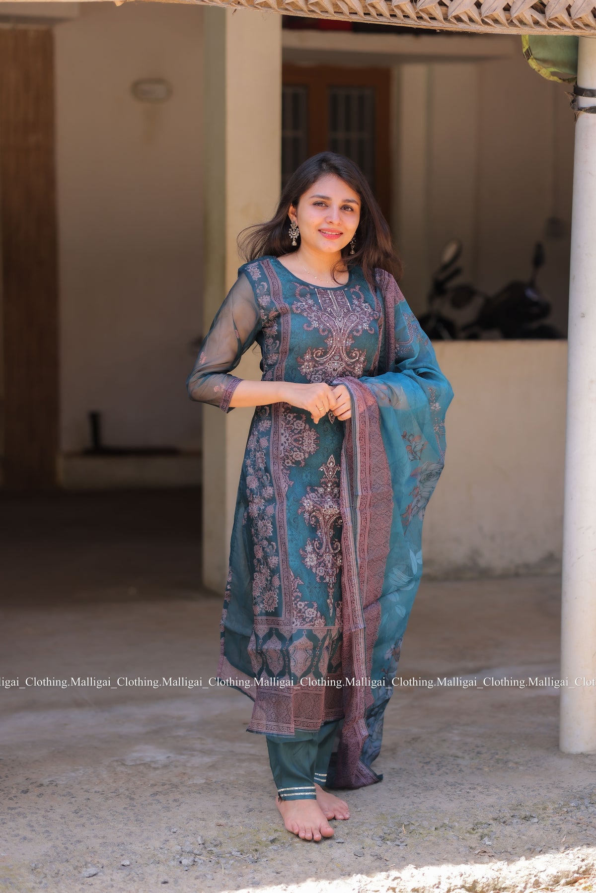 Organza Salwar Suit Set with Top, Pant and Dupatta with Pockets - Blue and Onion Pink