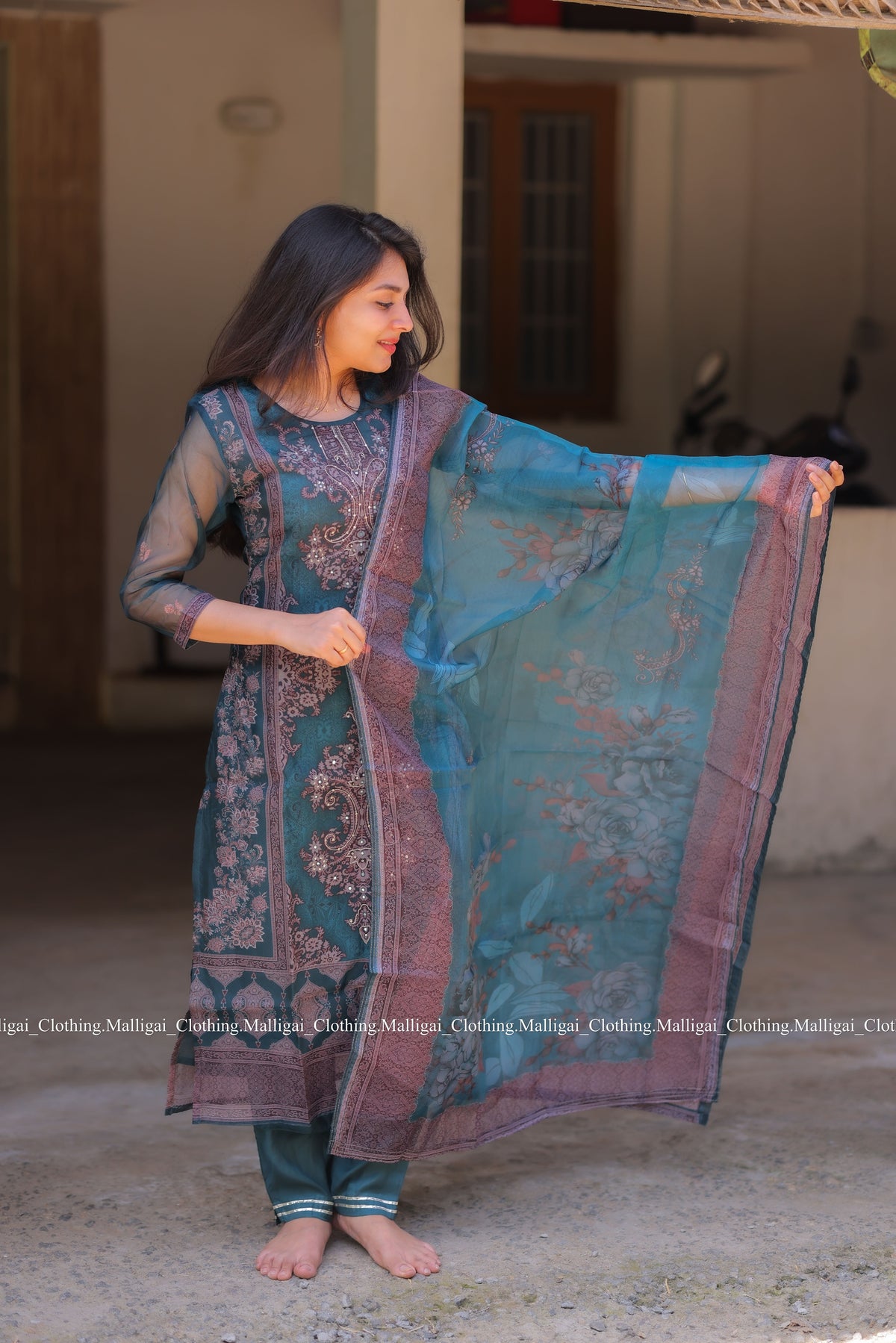 Organza Salwar Suit Set with Top, Pant and Dupatta with Pockets - Blue and Onion Pink