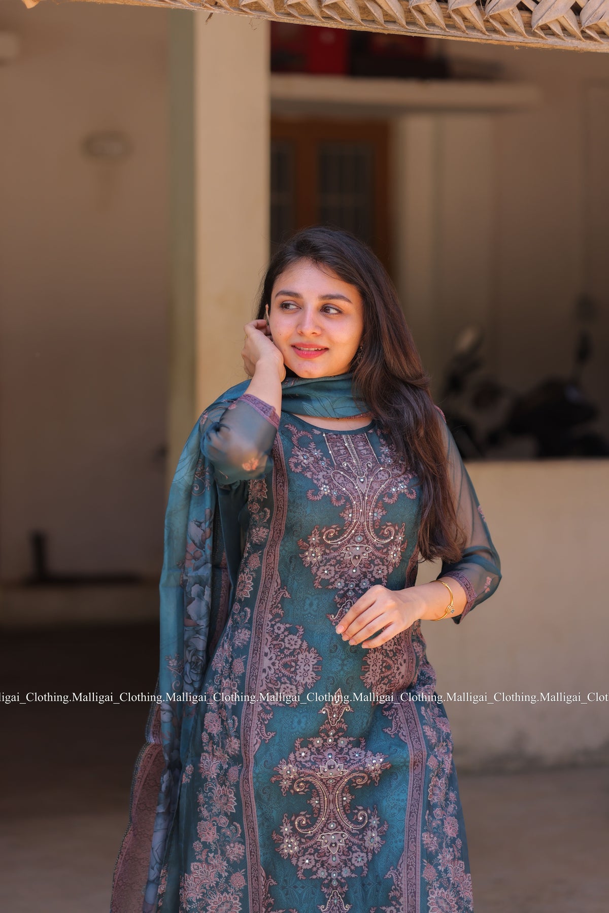 Organza Salwar Suit Set with Top, Pant and Dupatta with Pockets - Blue and Onion Pink