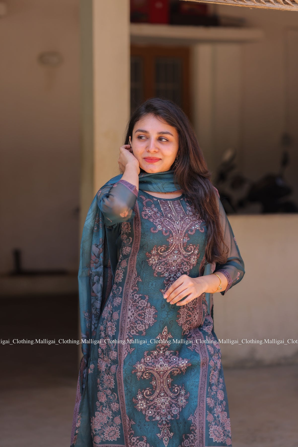 Organza Salwar Suit Set with Top, Pant and Dupatta with Pockets - Blue and Onion Pink